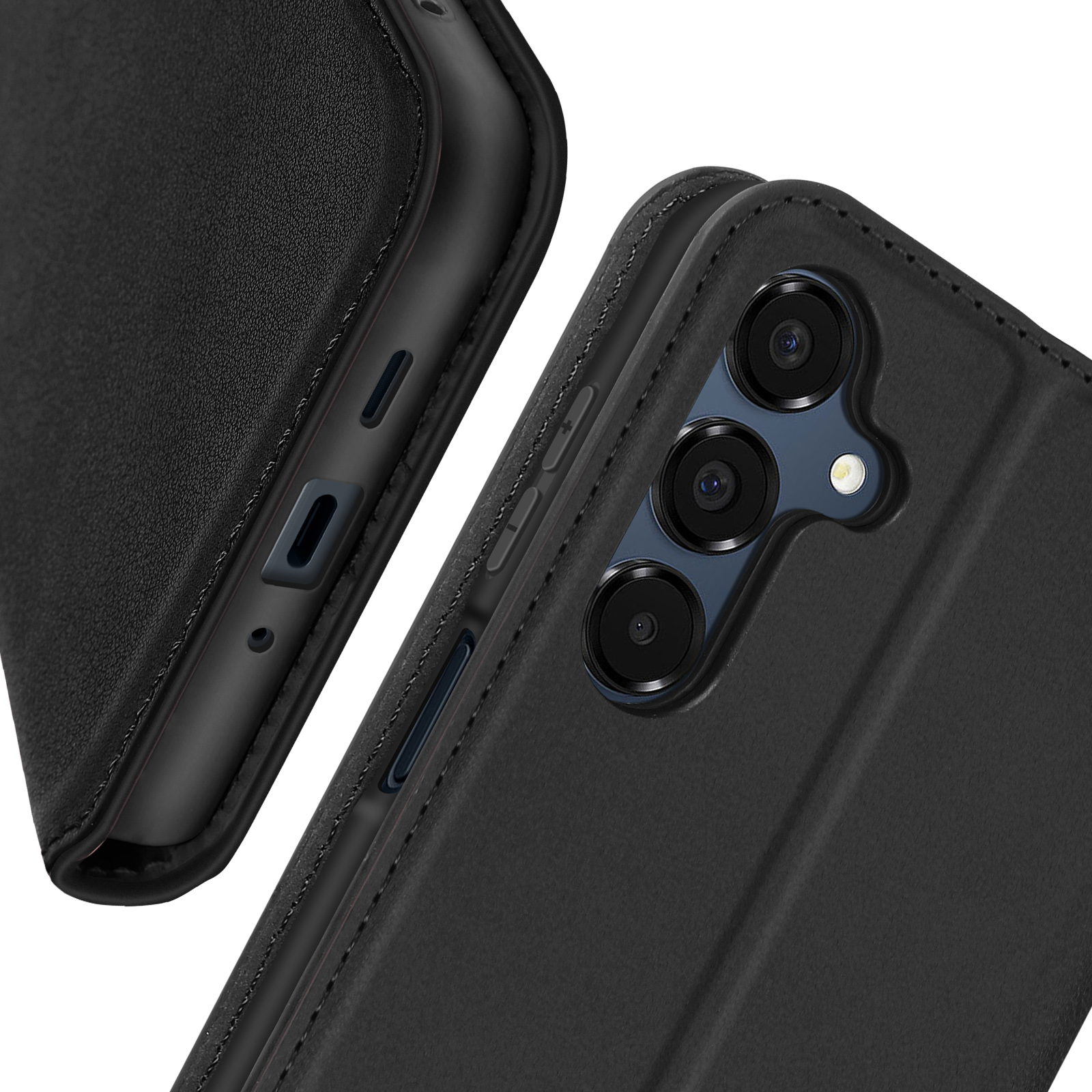 Primo piano di una custodia per telefono nera. La fotocamera del telefono è visibile.