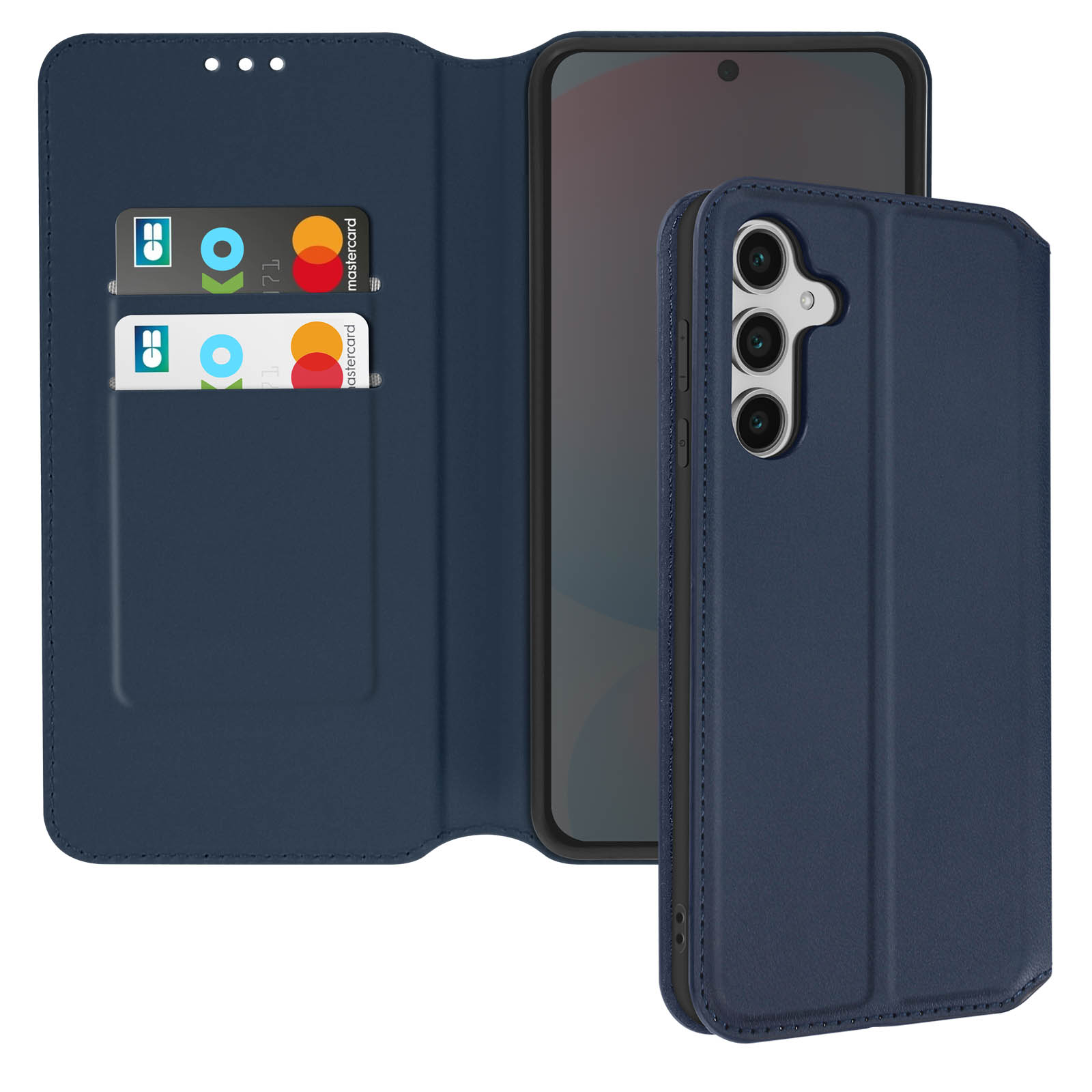 Custodia per telefono blu aperta, con un telefono e slot per carte all'interno. Tre fori nella parte superiore.
