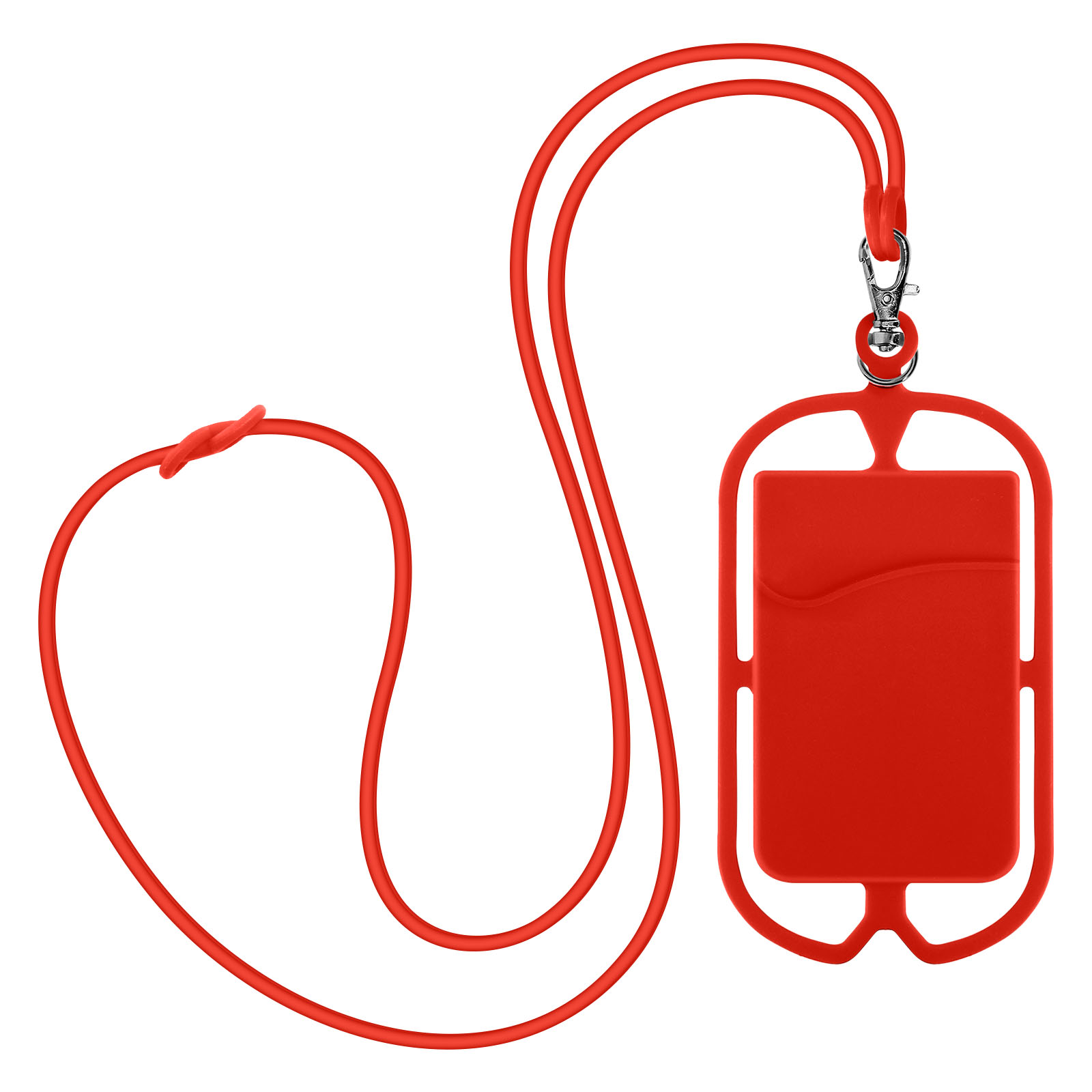 Supporto per telefono in silicone rosso con cordino. Il supporto ha una tasca per le carte. Il cordino è lungo.