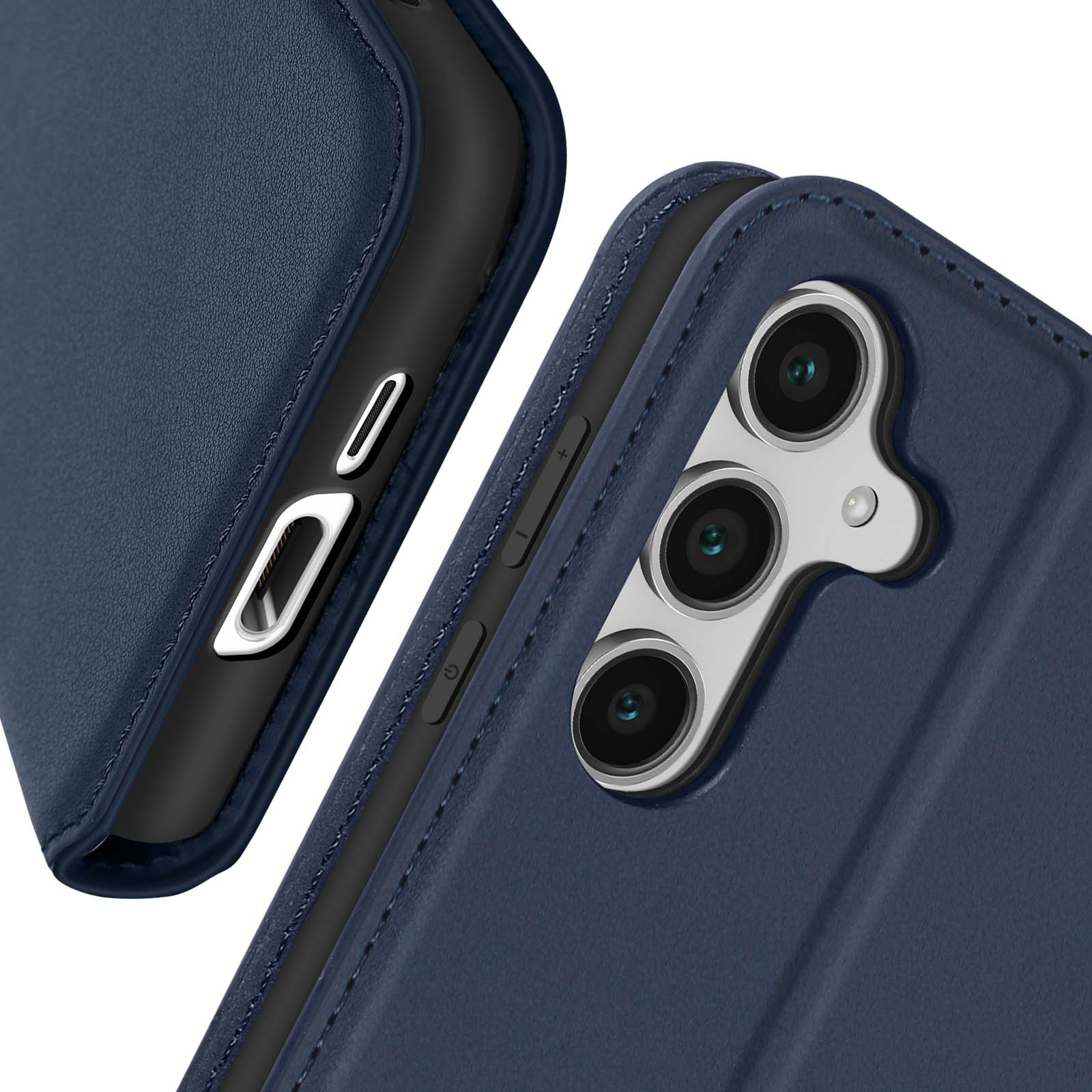 Primo piano di una custodia per telefono blu scuro con tre obiettivi e un pulsante laterale.