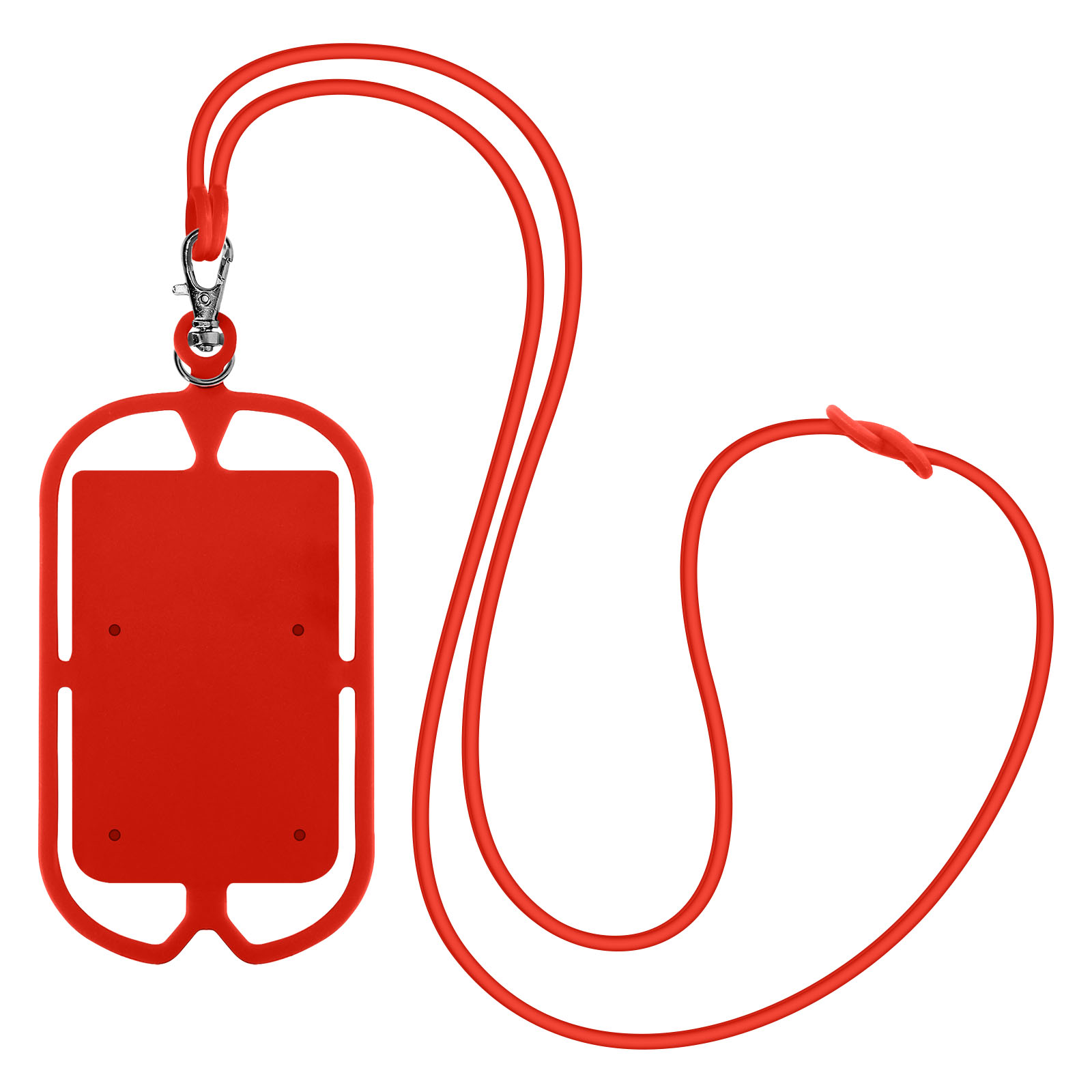 Supporto e cinturino per telefono in silicone rosso. Il cinturino è ad anello, con gancio argento.