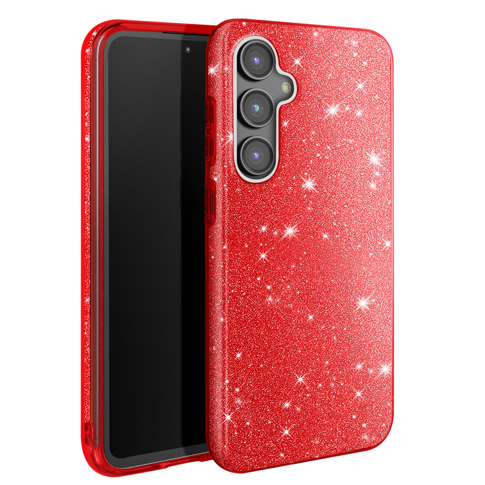 Custodia per telefono glitterata rossa con un telefono. Il telefono è nero.