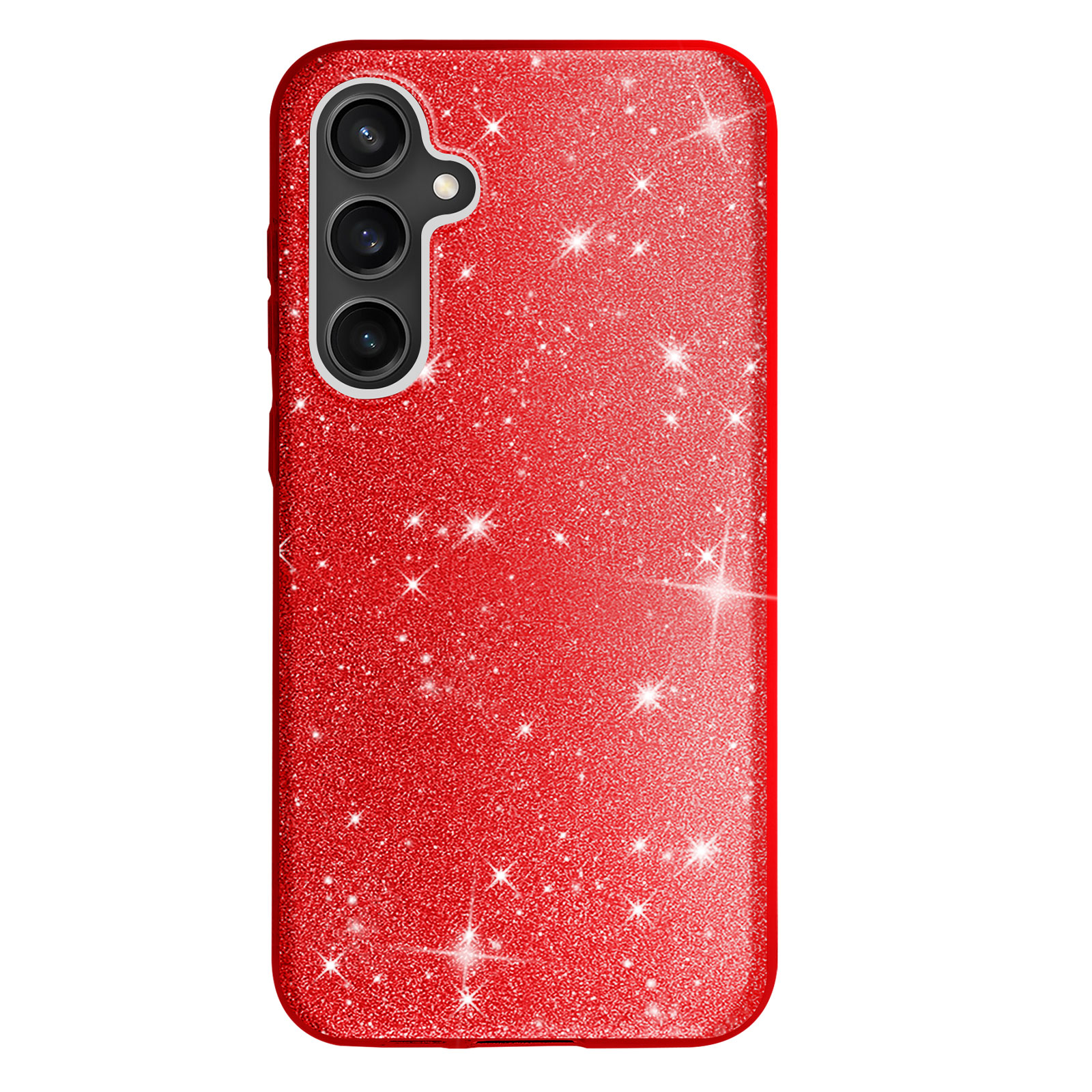 Una custodia per telefono rossa con glitter, tre obiettivi su sfondo bianco. Pulsanti laterali visibili.