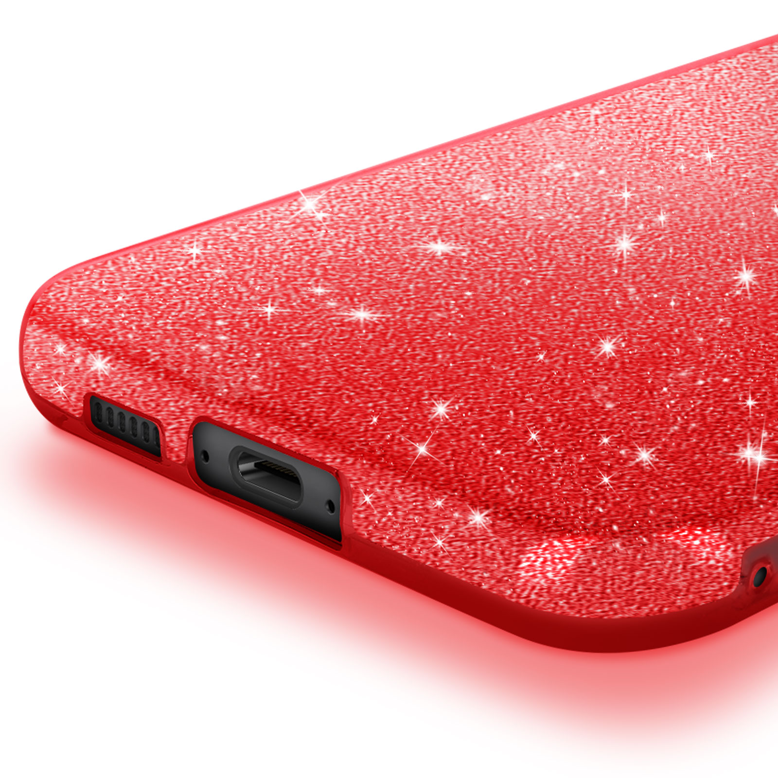 Custodia per telefono glitterata rossa. Foro per la ricarica.
