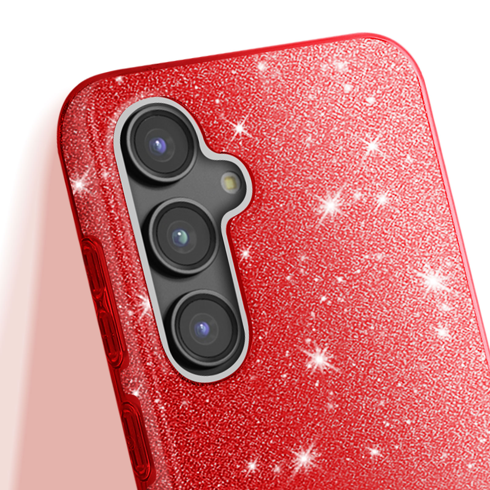 Custodia per telefono glitterata rossa. Primo piano, con lenti della fotocamera.