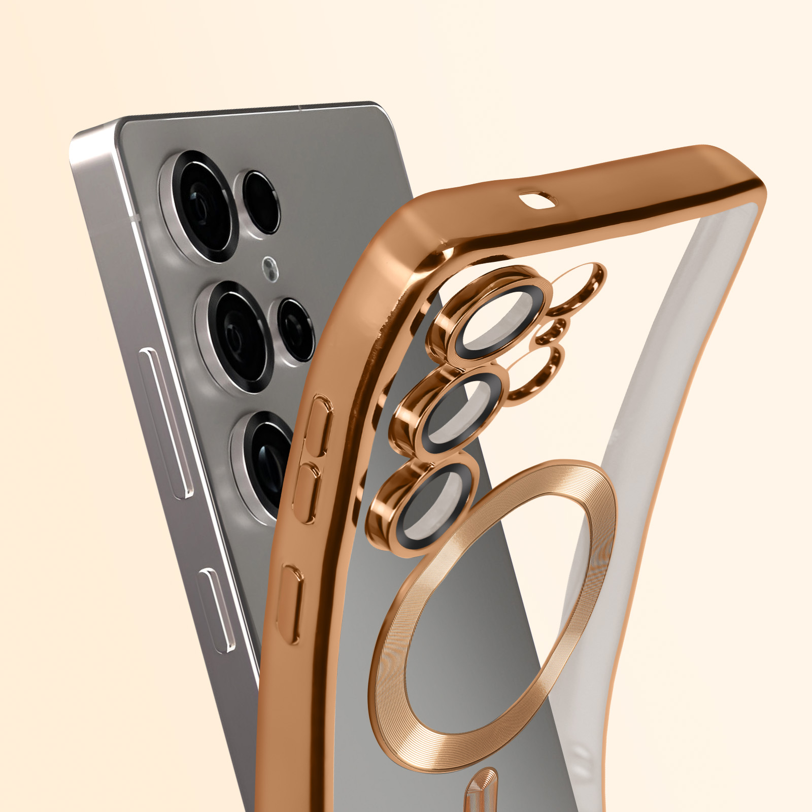 Custodia dorata per telefono con telefono nero. Tre lenti della fotocamera visibili.