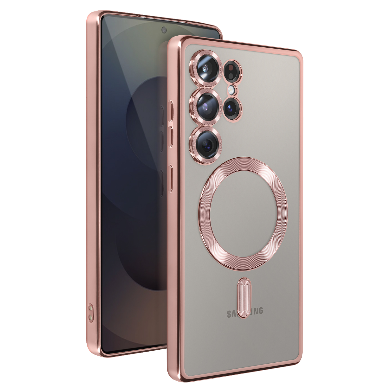 Custodia oro rosa su due telefoni. Logo Samsung visibile. Retro trasparente.