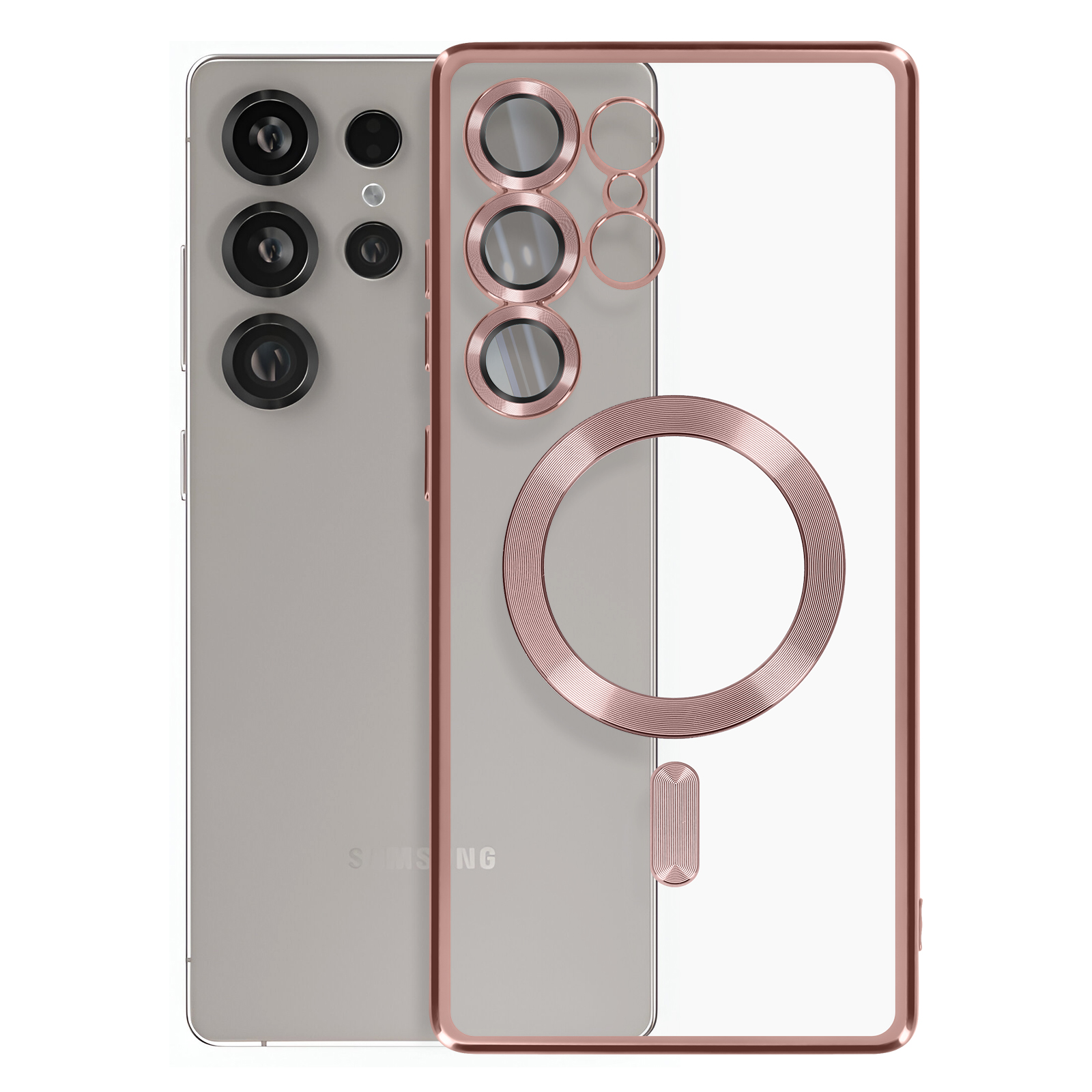 Custodia per telefono oro rosa con retro trasparente. Telefono argento. Sfondo bianco.