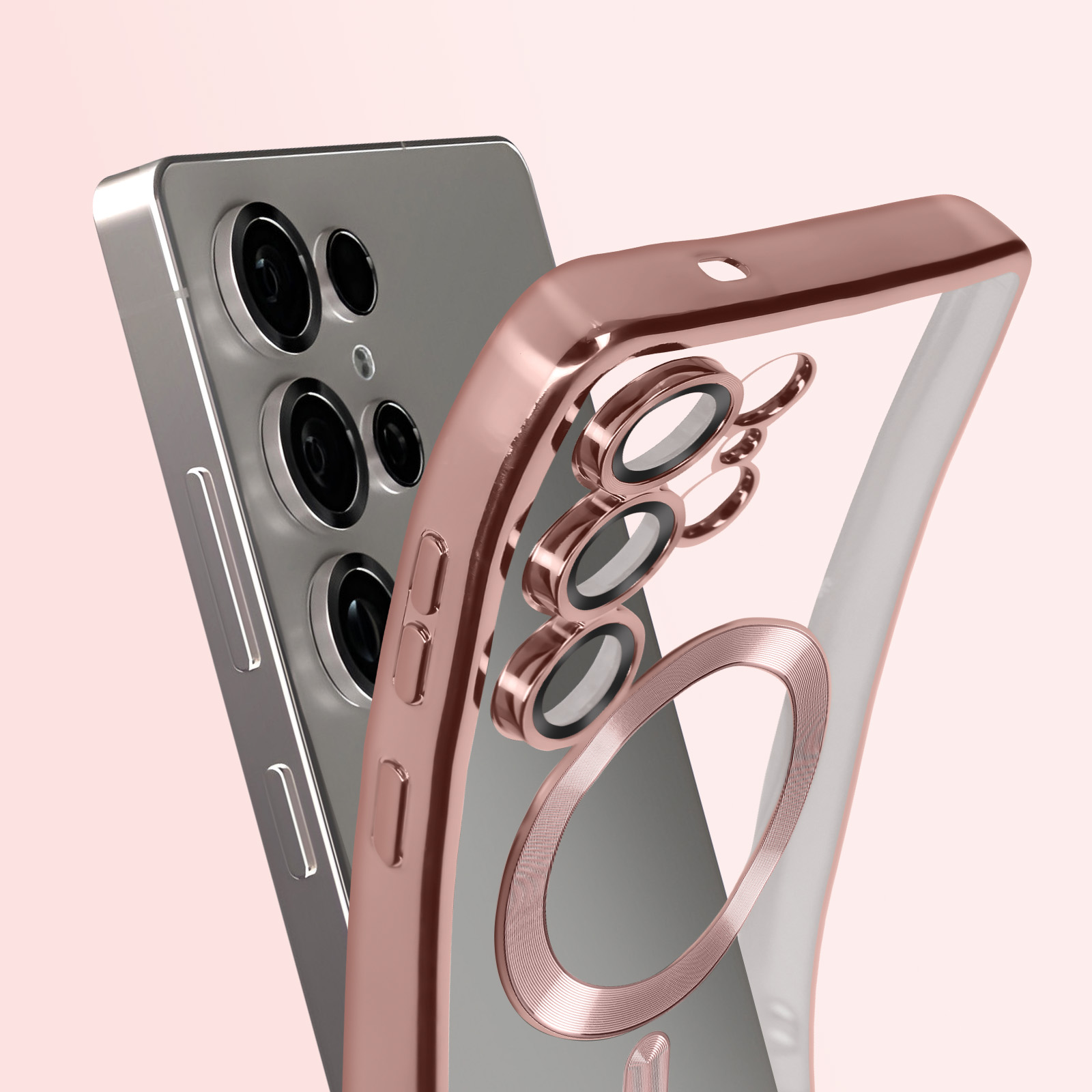 Custodia per telefono oro rosa con retro trasparente. Telefono argento. Sfondo rosa.