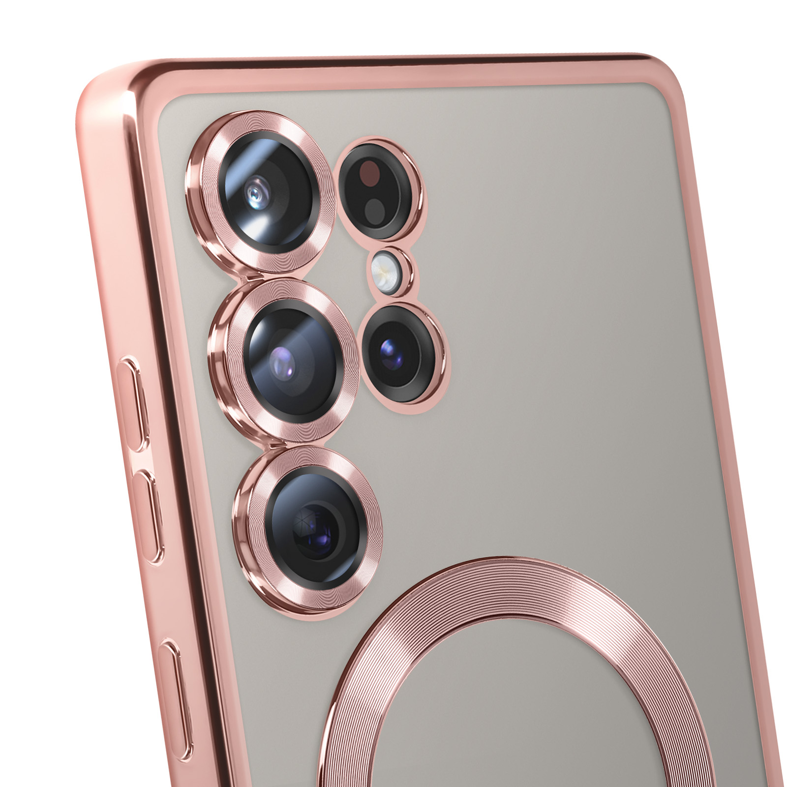 Custodia per telefono oro rosa con ritagli per fotocamera. Telefono grigio. Primo piano.