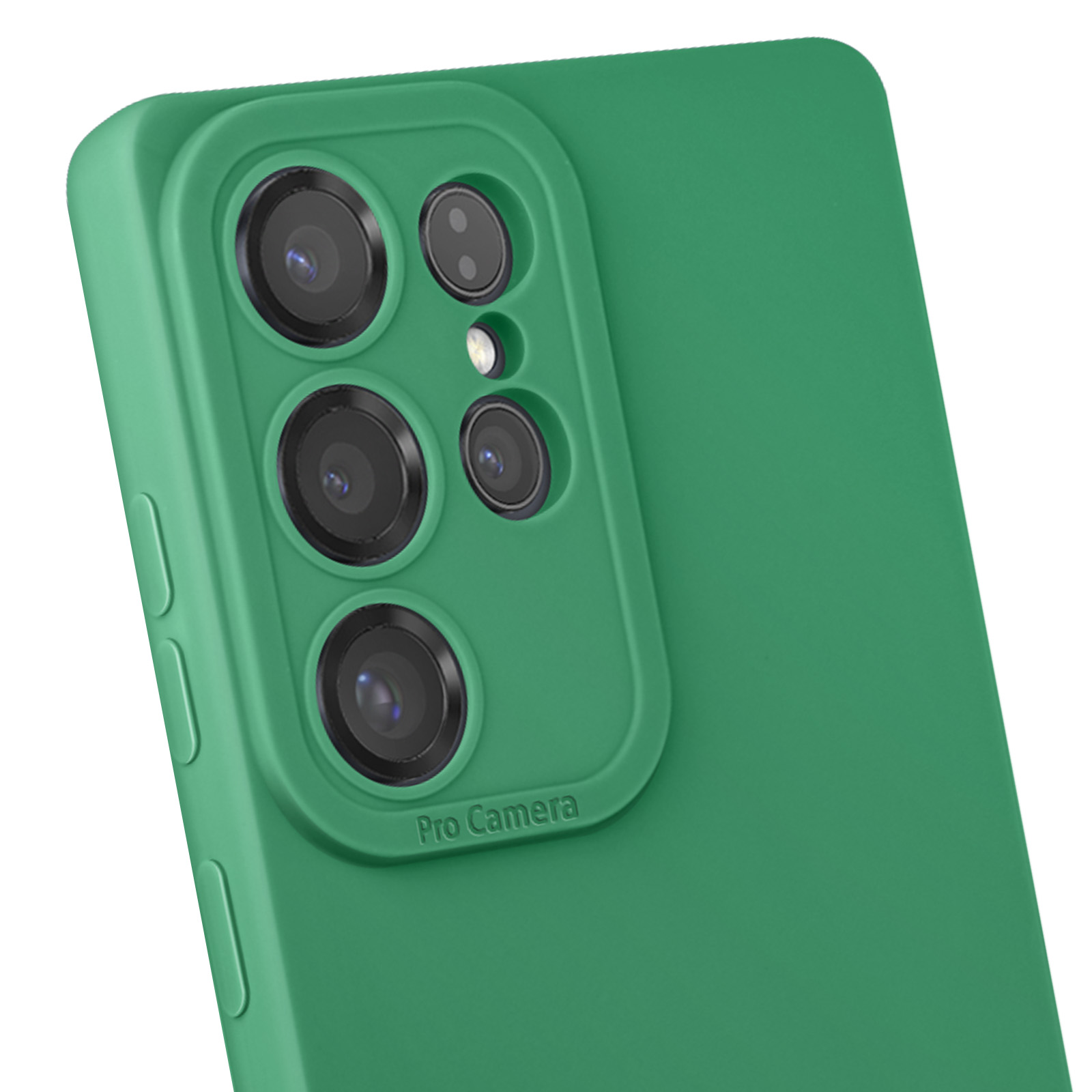 Custodia verde per telefono con ritagli per fotocamera. Etichetta Pro Camera visibile. Primo piano.