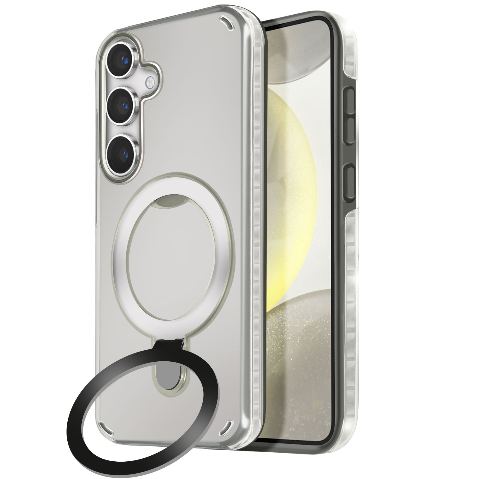 Custodia trasparente per telefono con supporto ad anello. Telefono argento. Sfondo bianco.