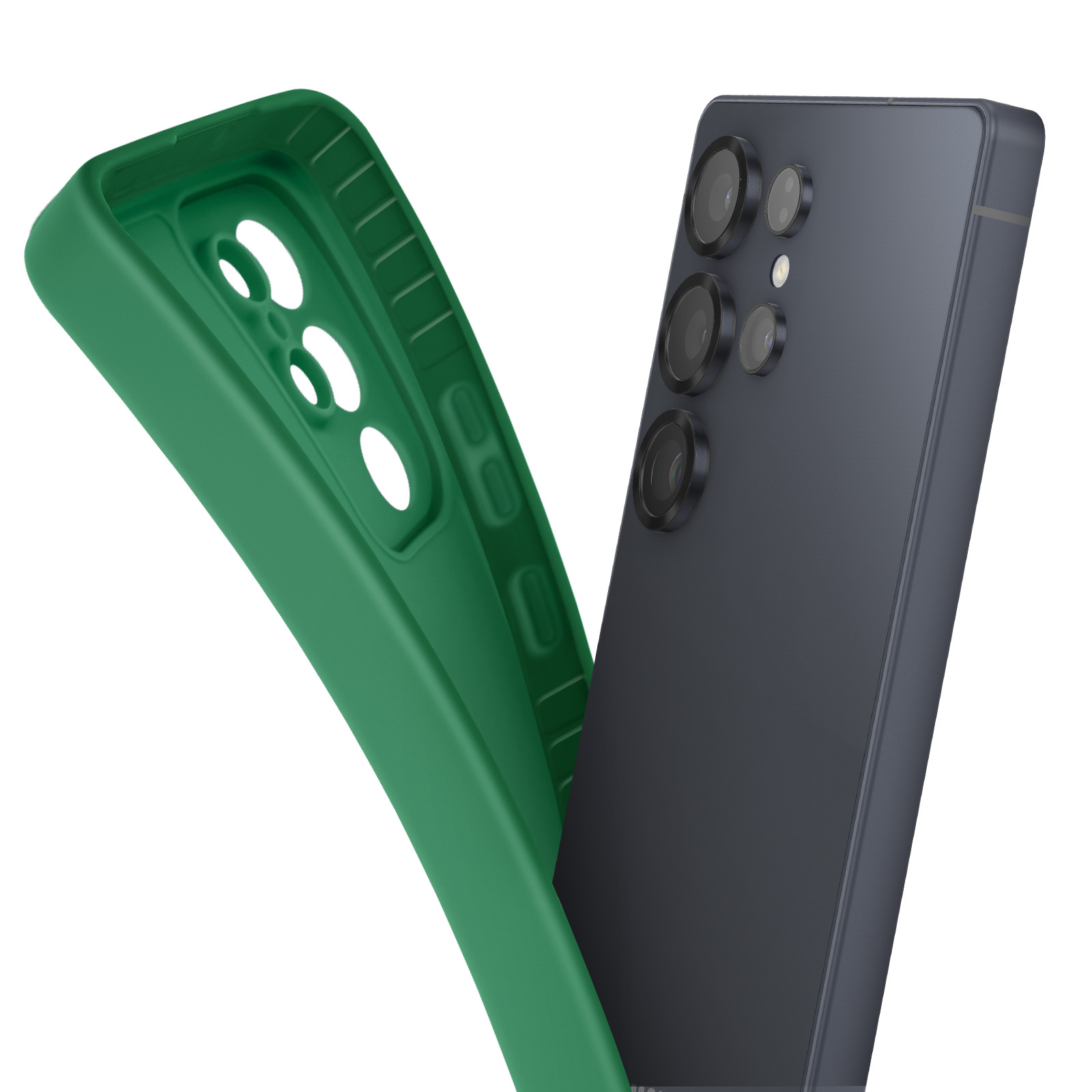 Custodia verde e telefono. Il telefono ha una fotocamera. Sfondo bianco.