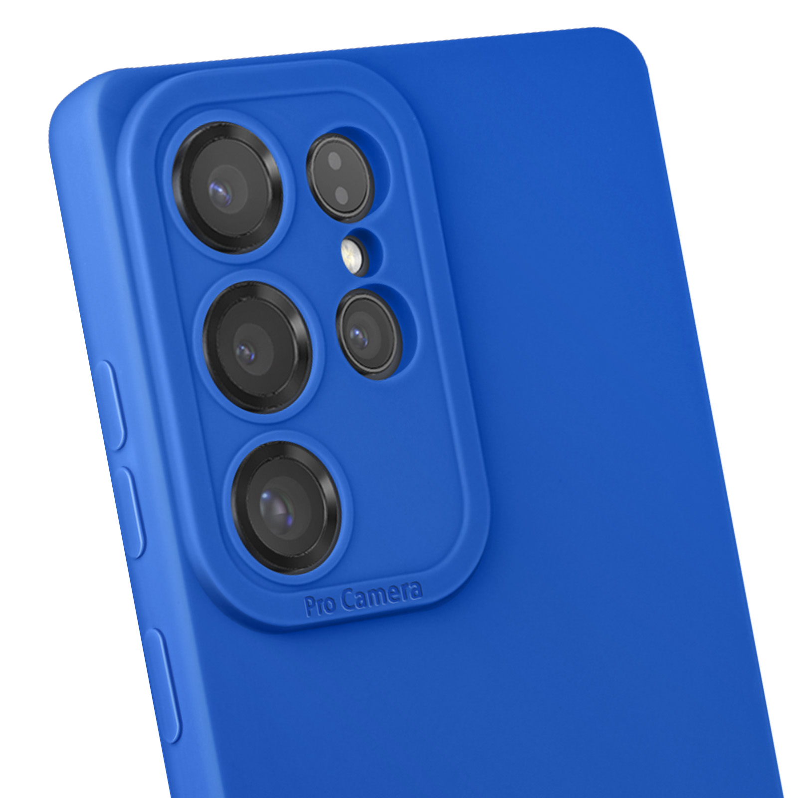 Custodia blu per telefono con ritagli per fotocamera. Etichetta Pro Camera visibile. Primo piano.