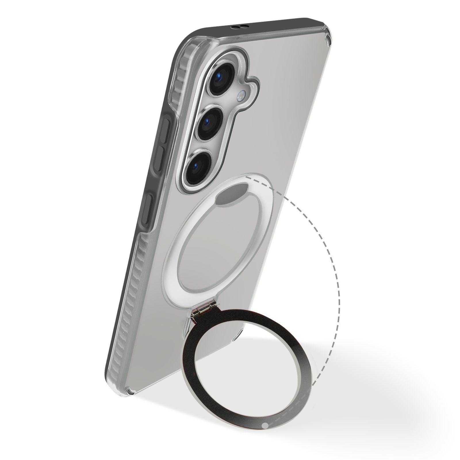 Custodia del telefono con anello. Il supporto ad anello è attaccato. Sfondo bianco.