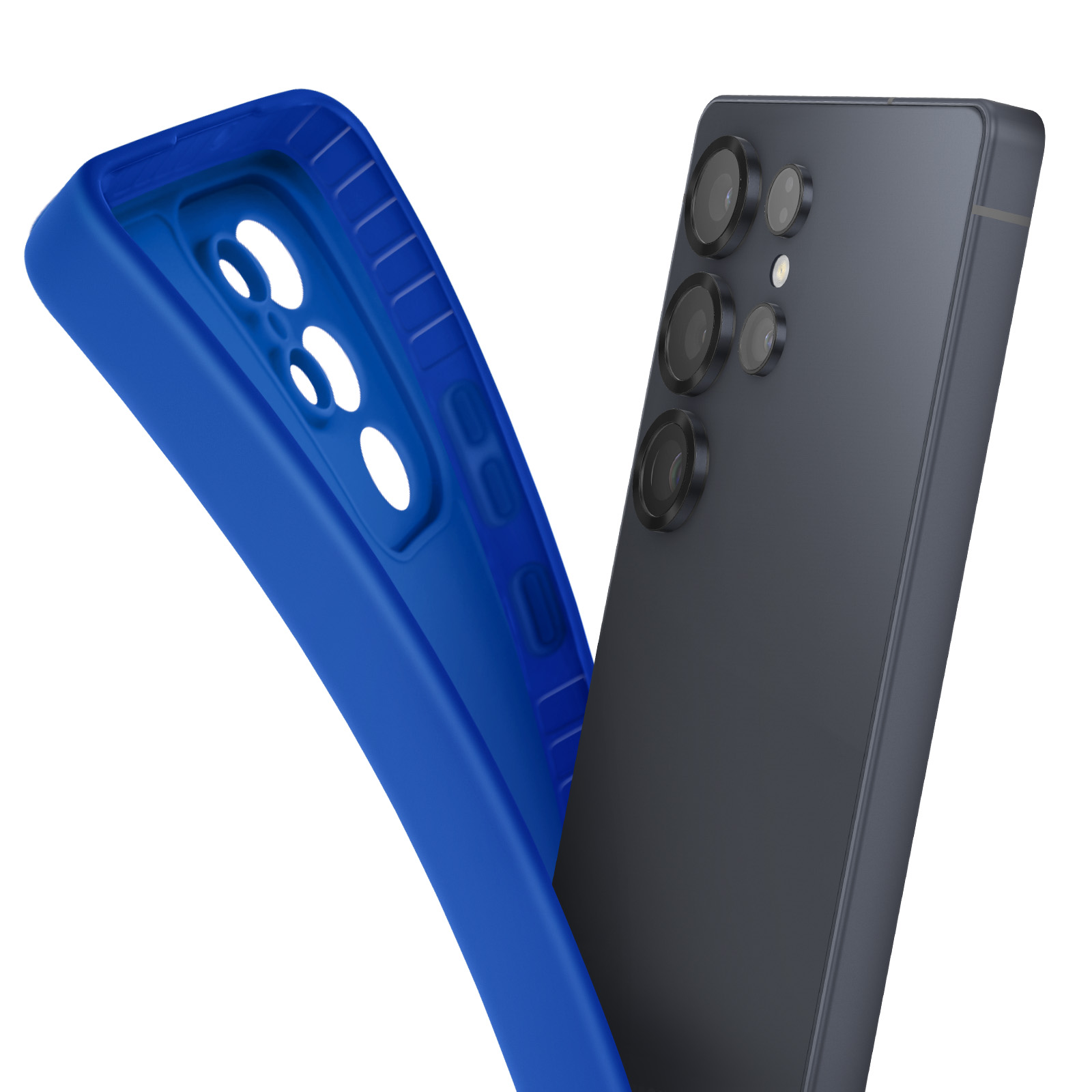 Custodia blu con un telefono nero all'interno.
