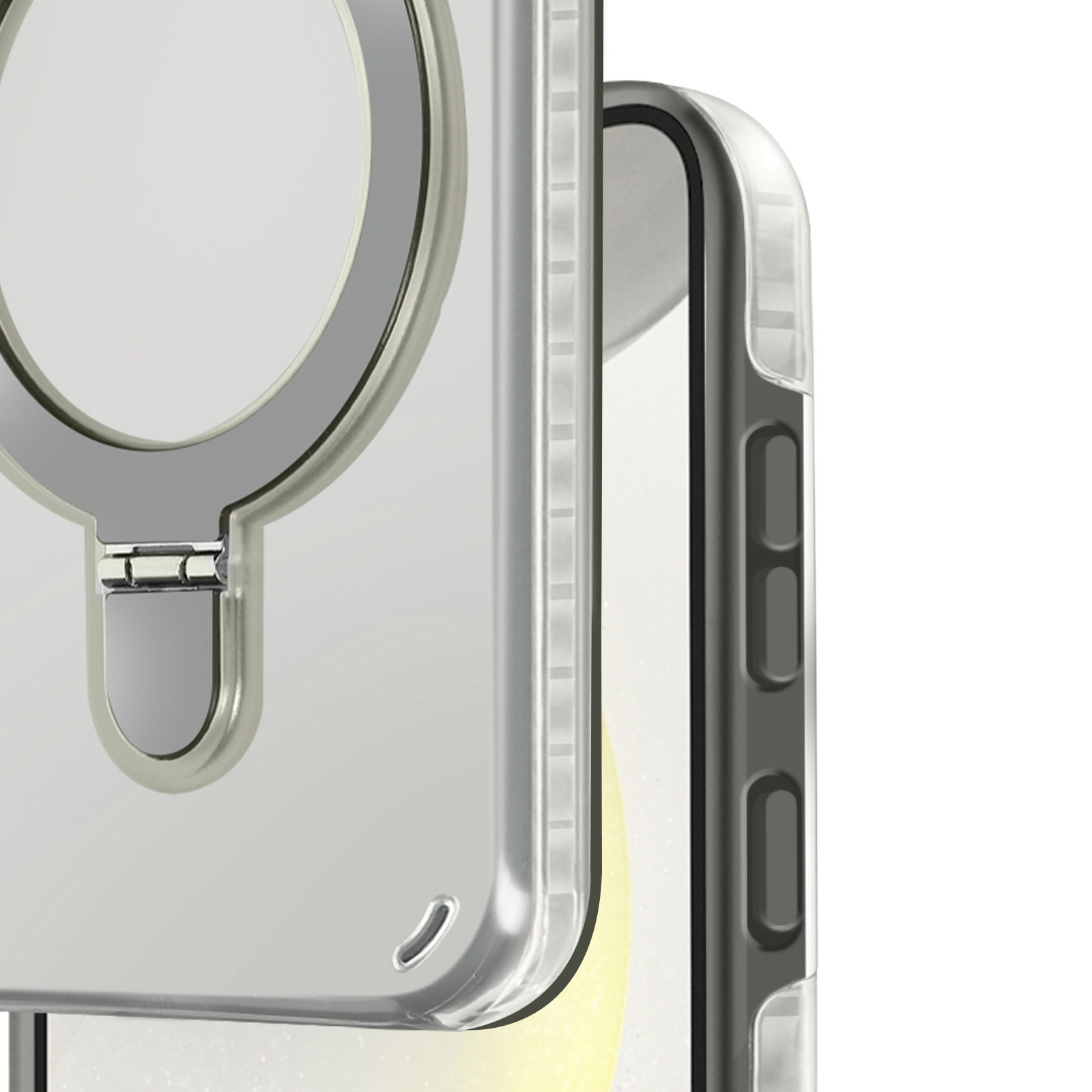 Custodia trasparente con anello magnetico e cerniera argentati.