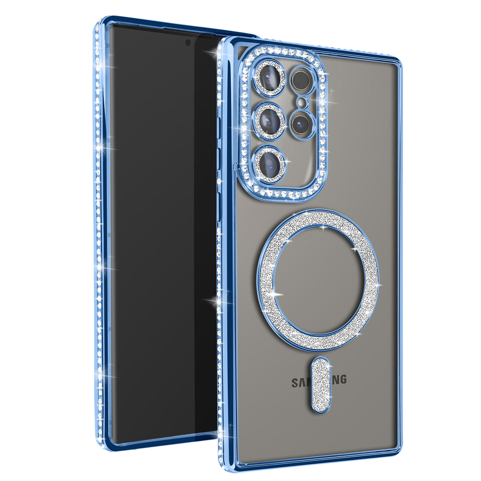 Custodia blu con diamanti intorno alla fotocamera e al telaio.