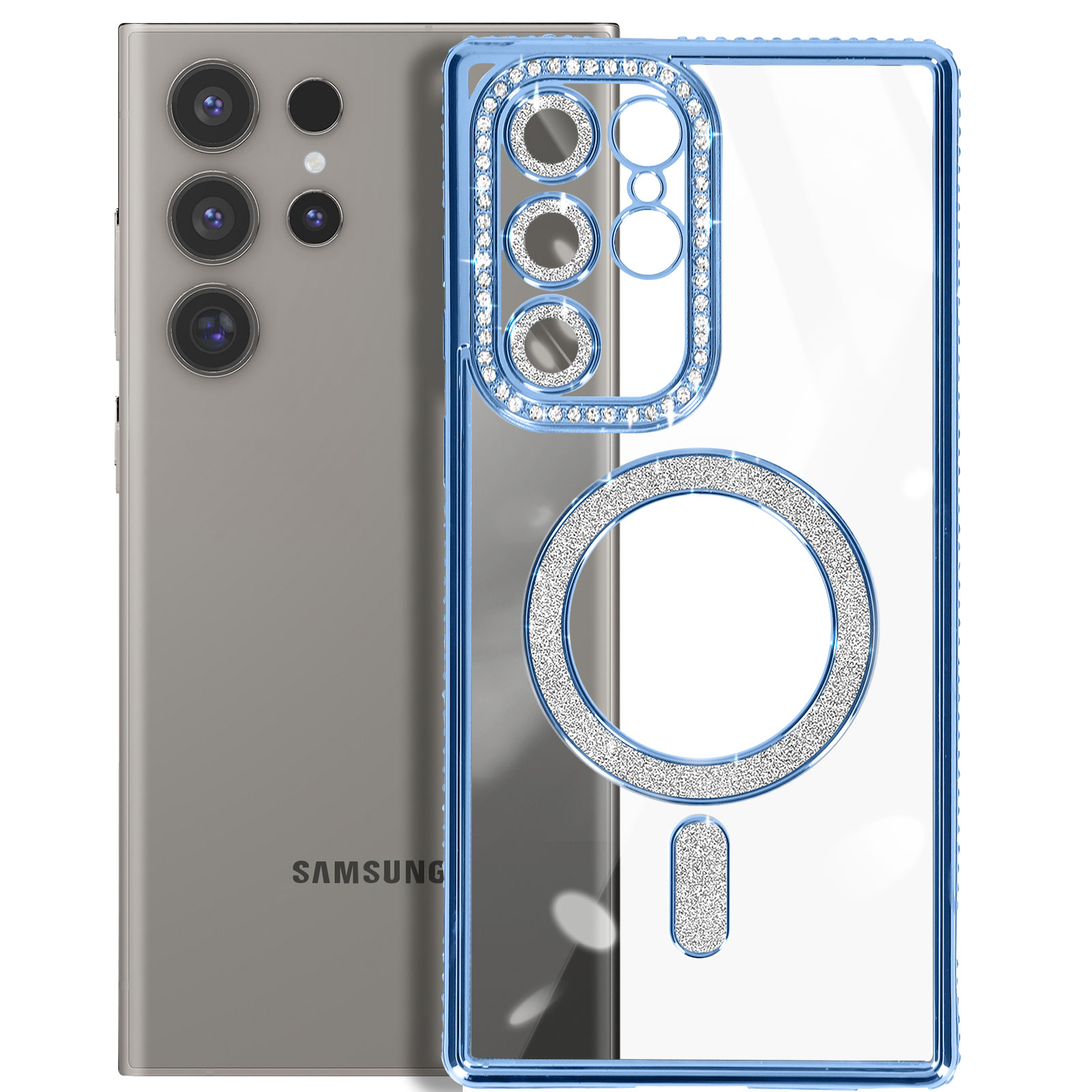 Telefono con custodia trasparente, accenti blu. Dettagli a forma di diamante su custodia e caricabatterie.