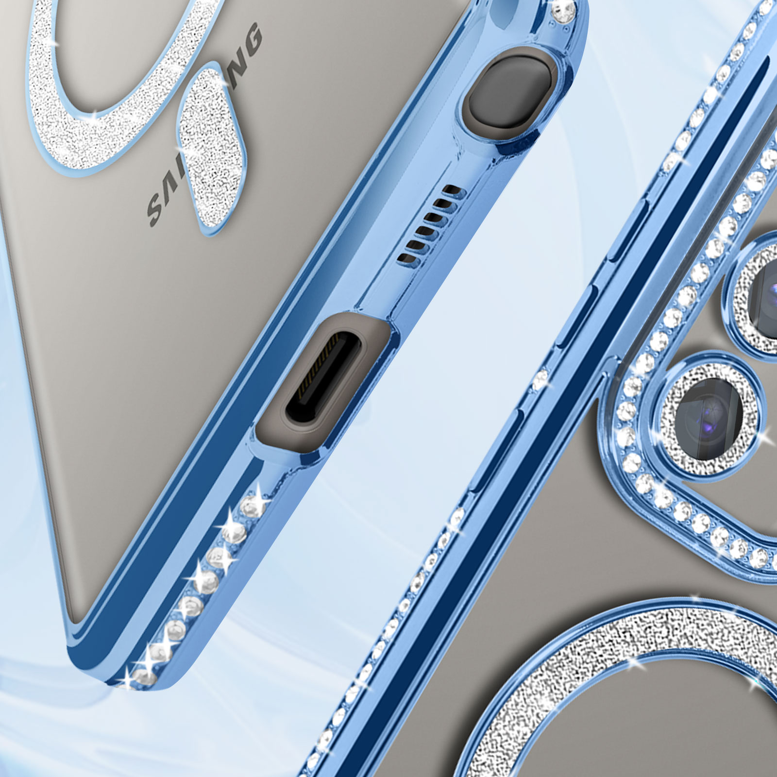 Custodia con cornice blu e dettagli diamante attorno alla fotocamera e cornice.