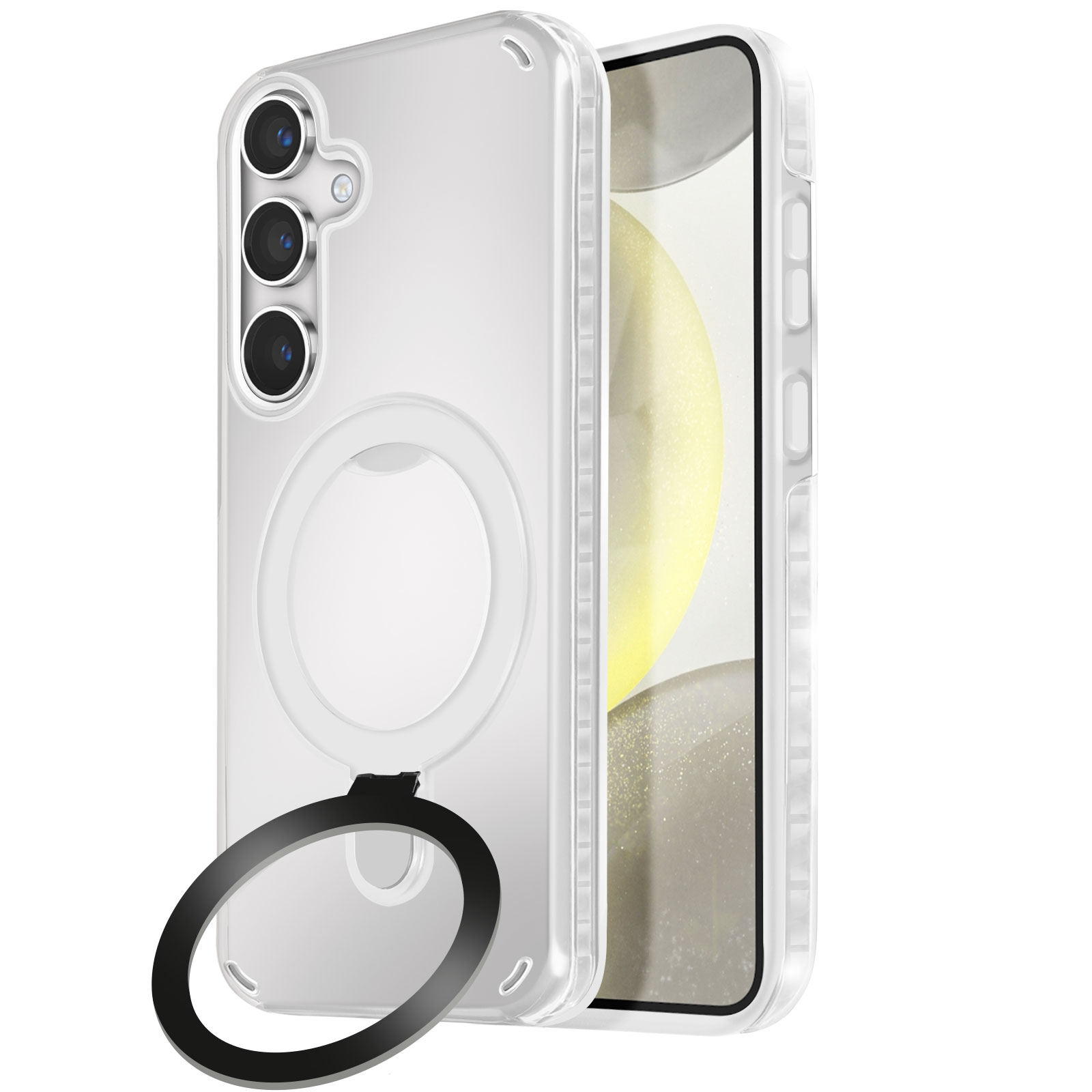Custodia trasparente con supporto ad anello. Telefono dentro, anello in posizione aperta.
