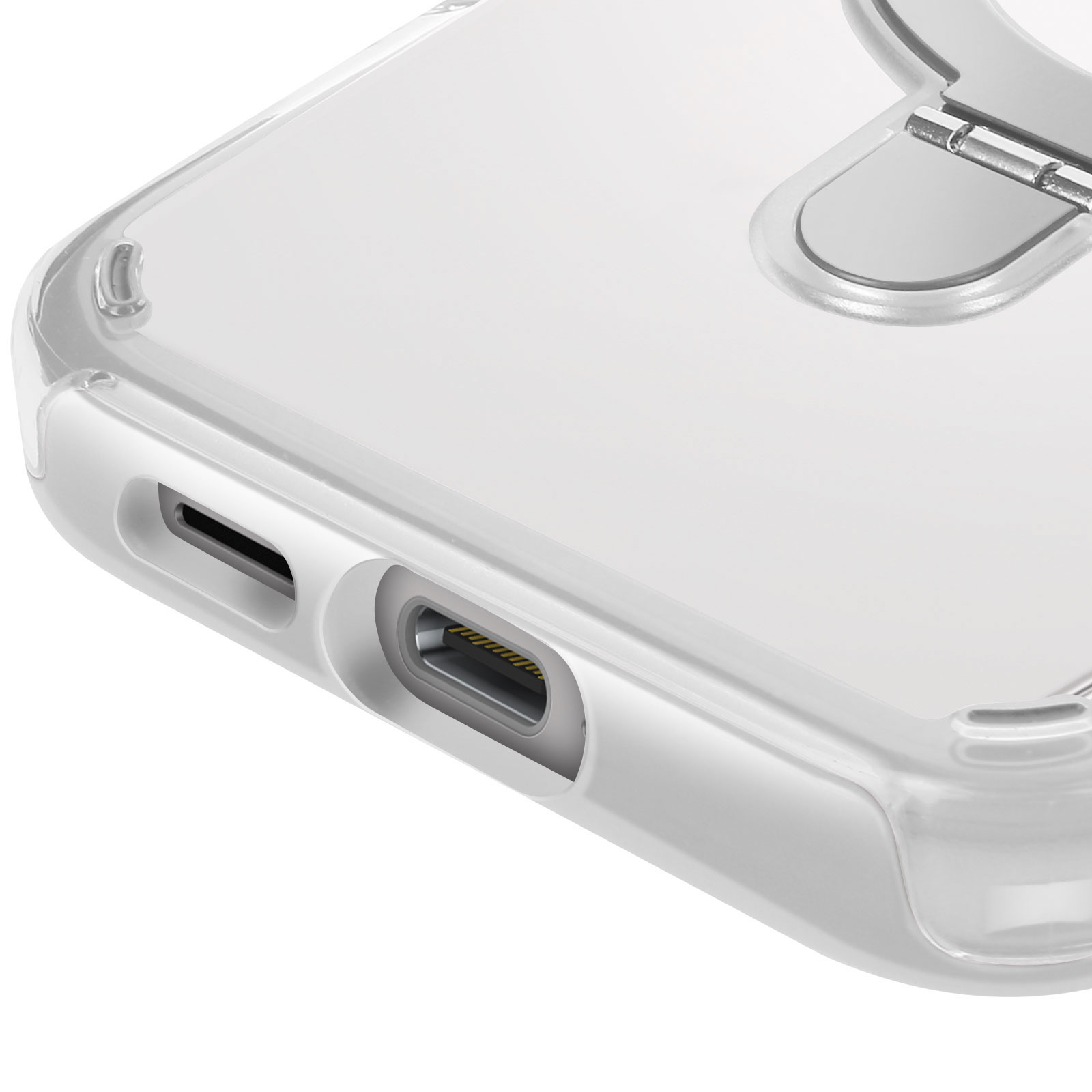 Custodia trasparente con porte visibili. Materiale lucido e trasparente.
