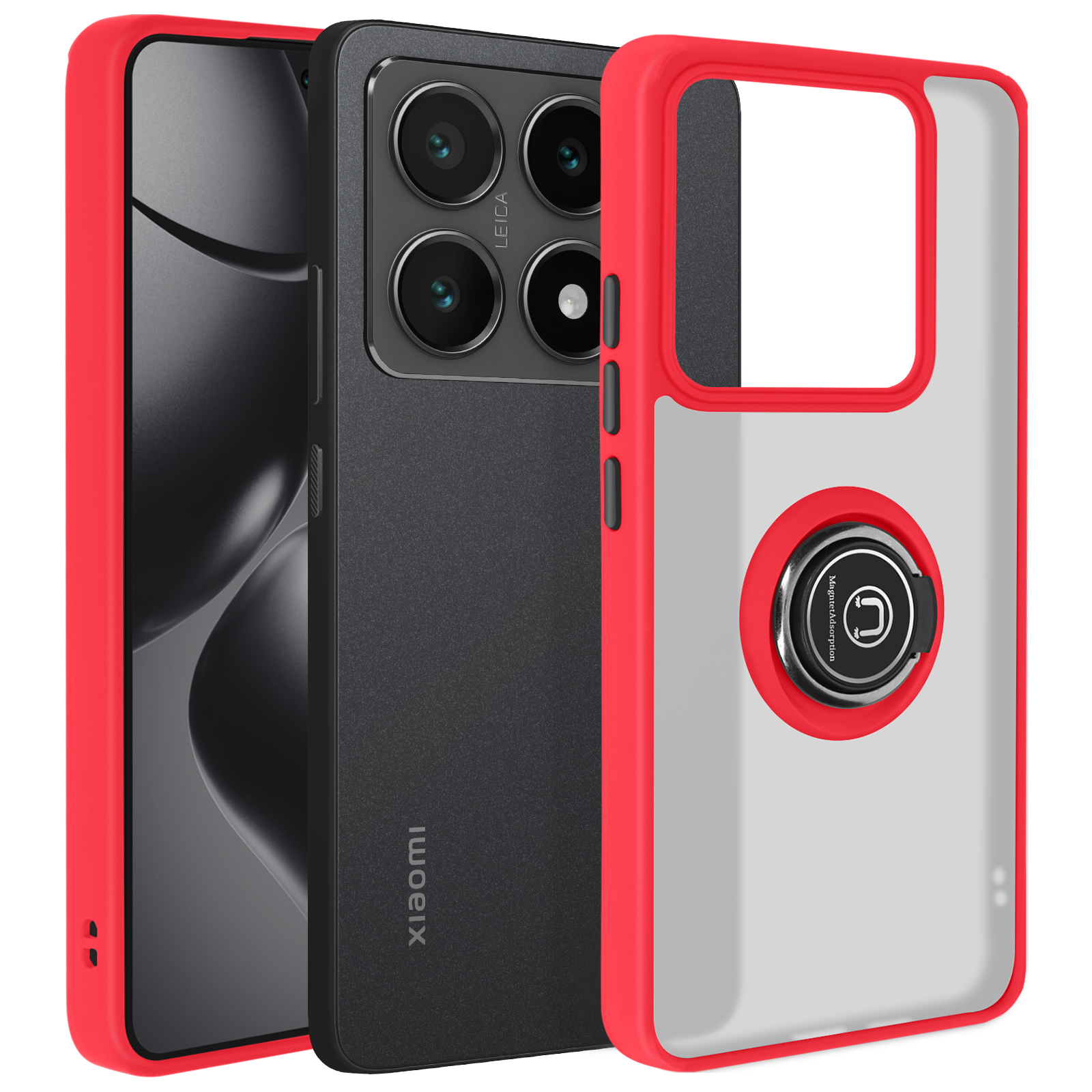 Custodia rossa e trasparente con anello. Telefono con lenti della fotocamera. Sfondo bianco.