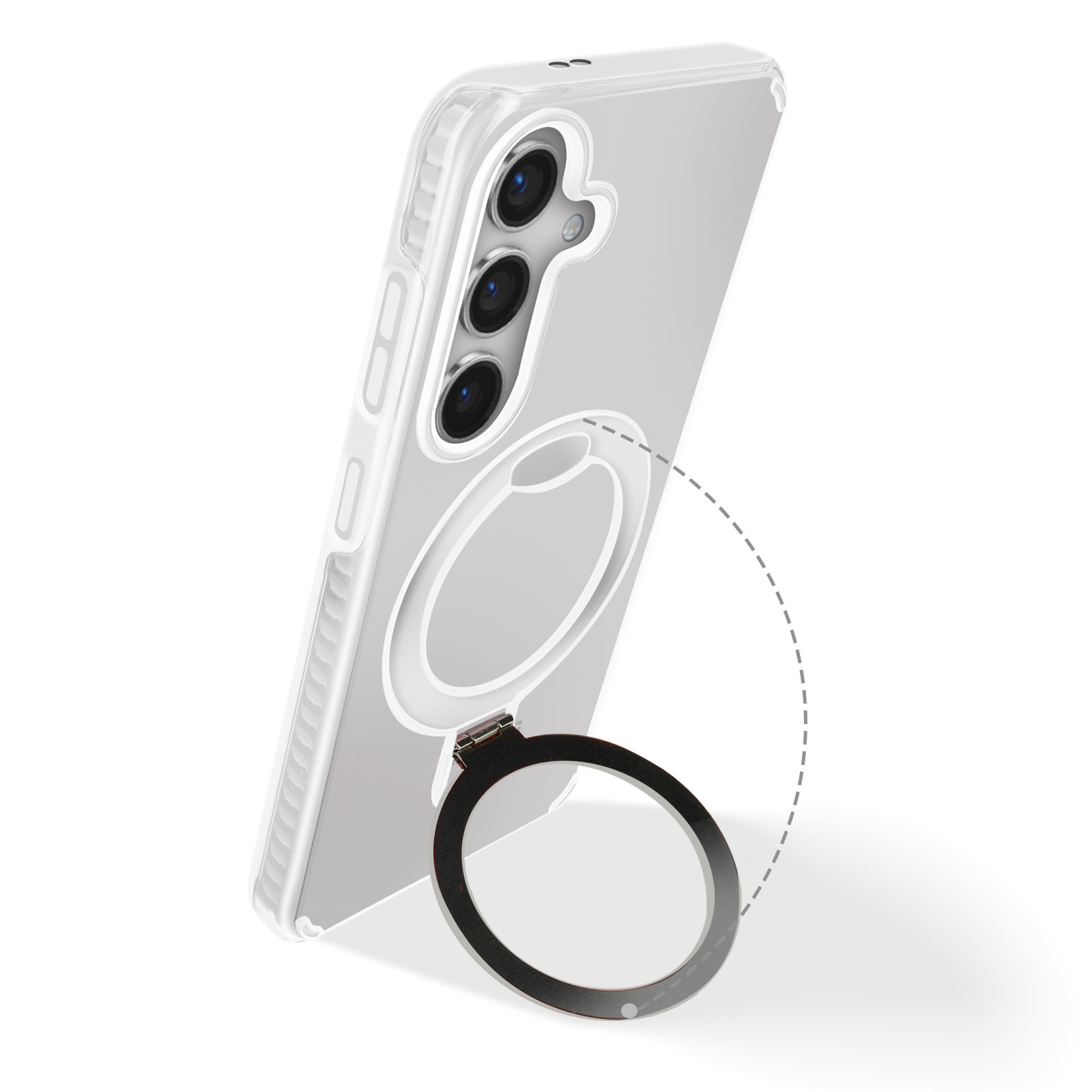 Custodia trasparente con anello. Telefono con lenti della fotocamera. Sfondo bianco.