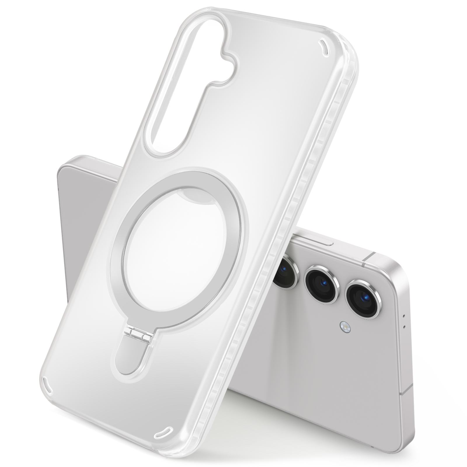 Custodia trasparente per telefono con anello. Telefono con lenti della fotocamera. Sfondo bianco.