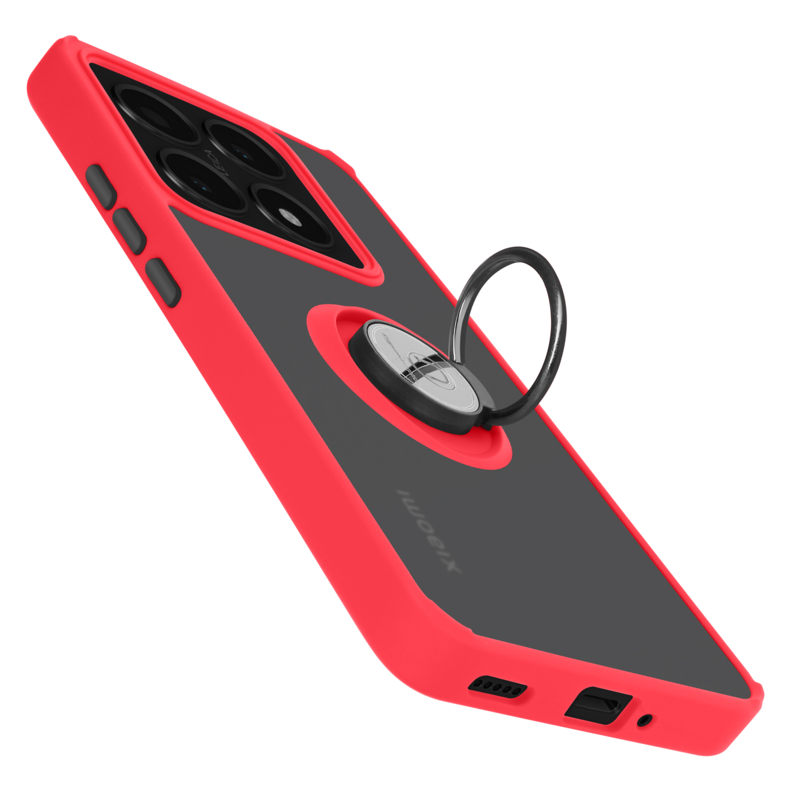 Custodia rossa per telefono con supporto ad anello nero. Retro trasparente e cornice rossa. Logo Xiaomi visibile.