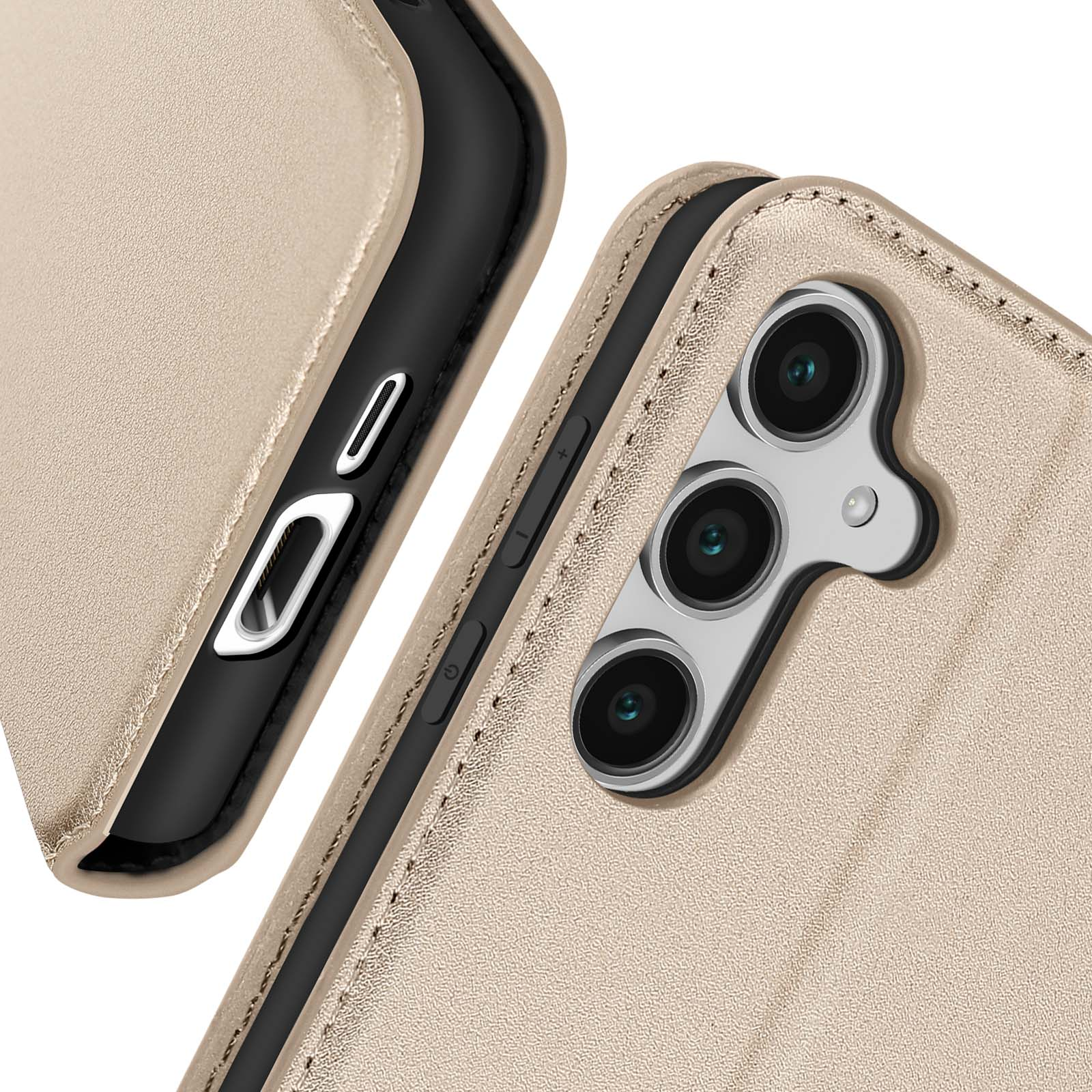 Primo piano di una custodia per telefono con lenti della fotocamera. La custodia è beige, ha cuciture e una cornice nera.