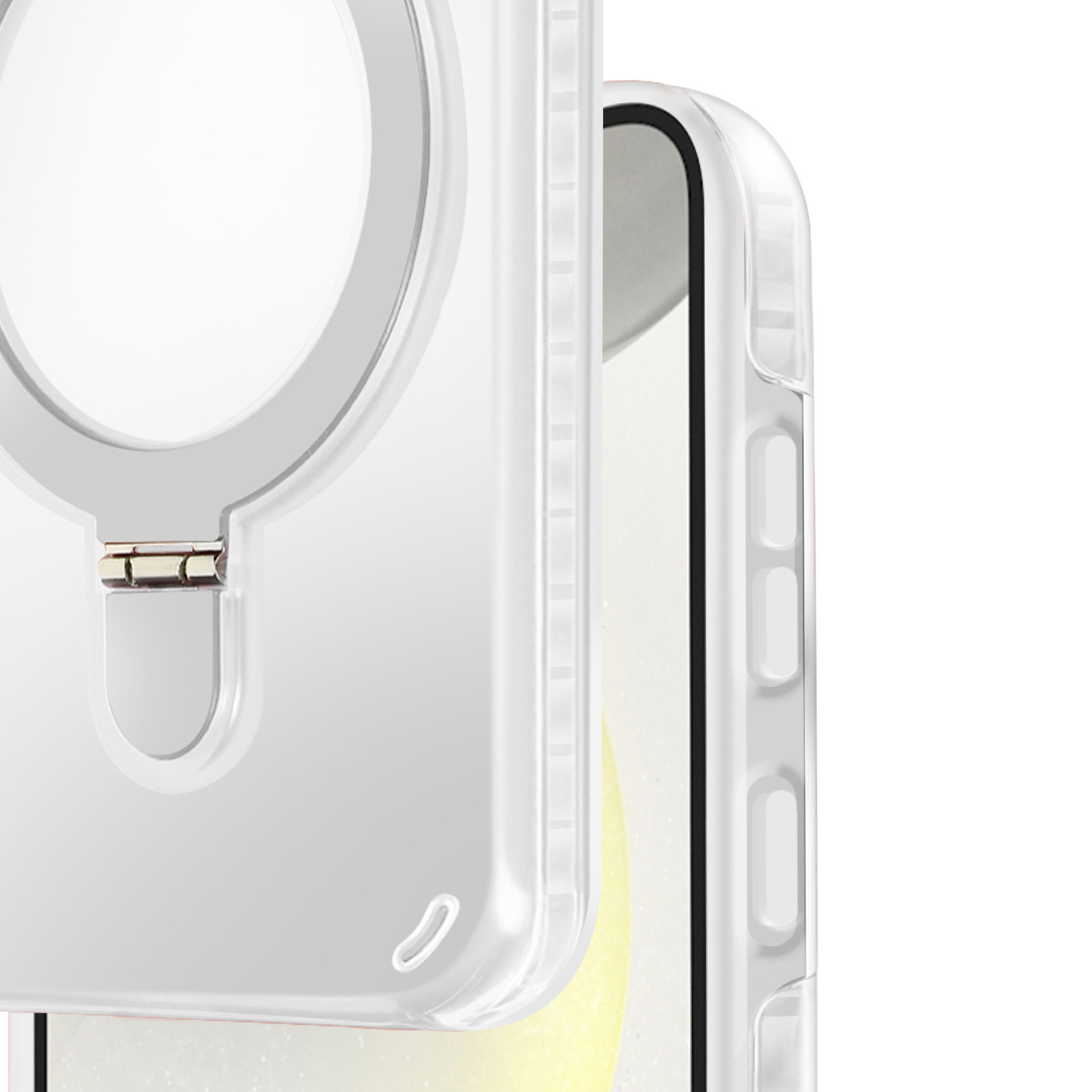 Primo piano della custodia trasparente. Anello sul telefono. Sfondo bianco.