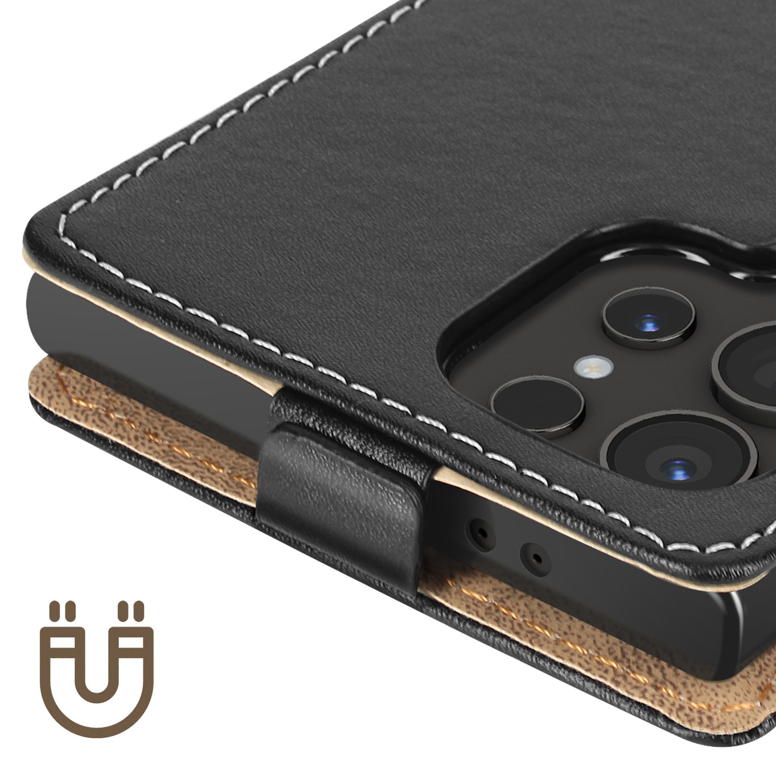 Funda de teléfono negra con interior marrón. Se ven costuras blancas y un recorte negro para la cámara.