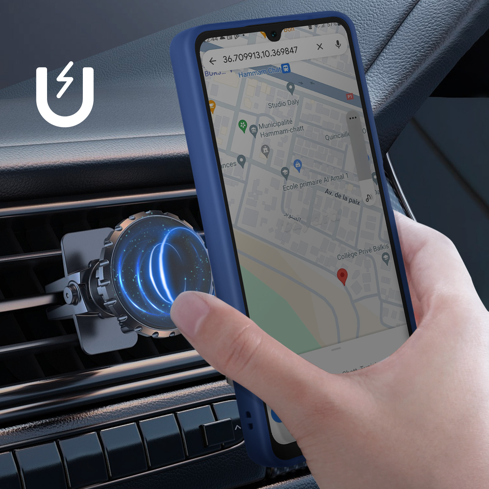 Telefono in custodia blu con supporto per bocchetta e mappa.