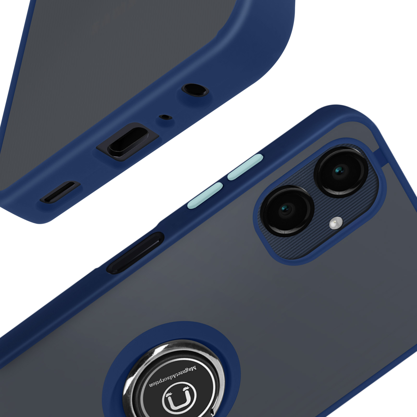 Custodia blu con anello e telefono.