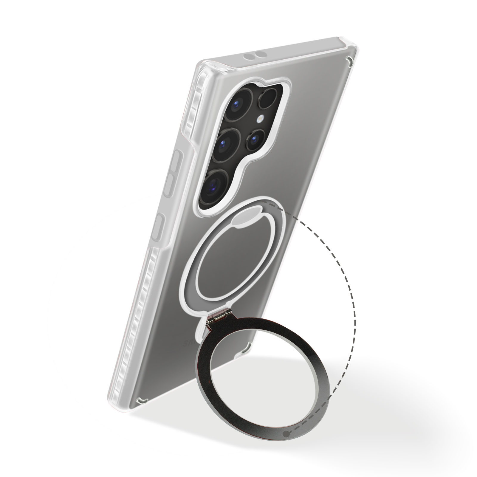 Transparente Handyhülle mit Ringhalter und Telefon.