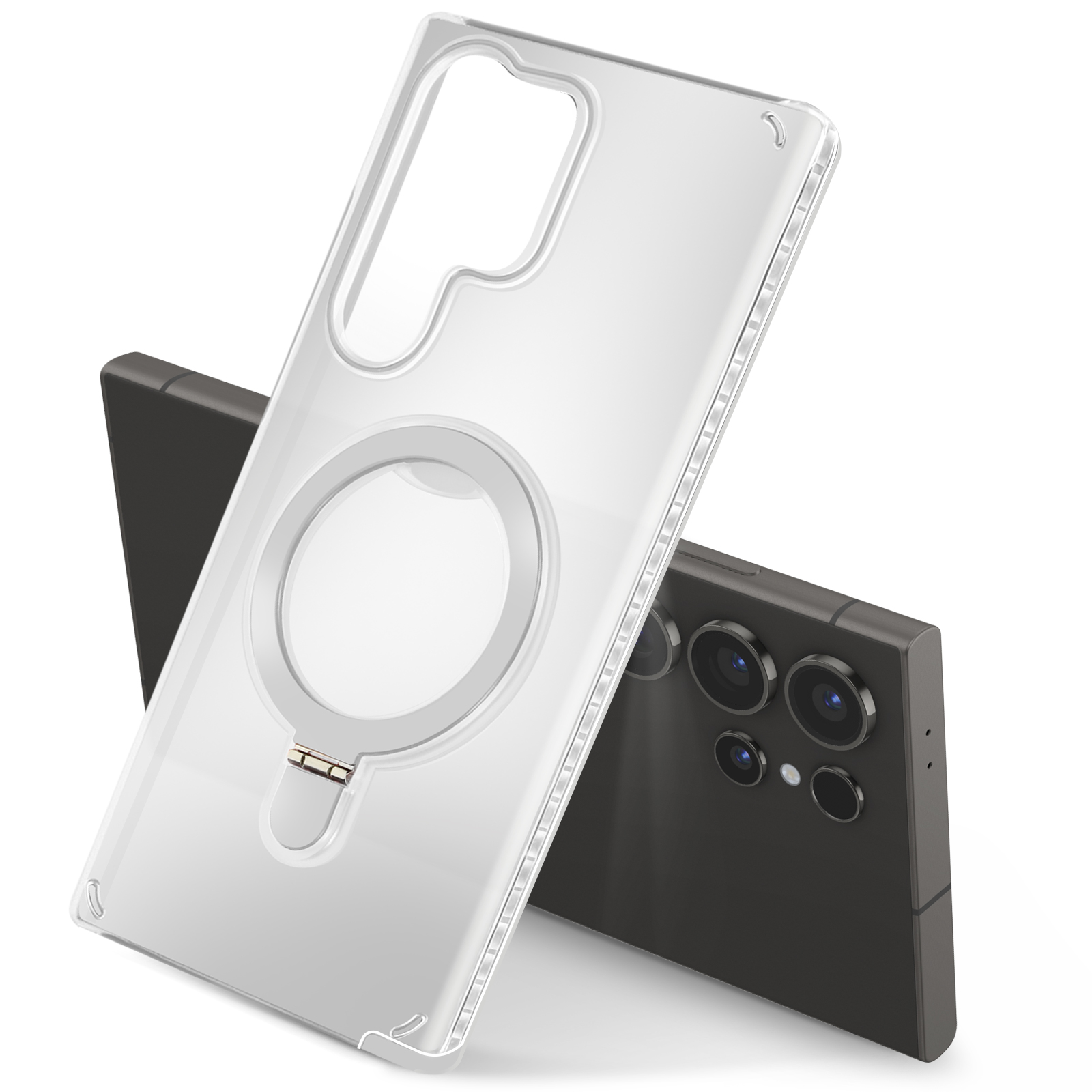 Transparente Handyhülle mit Ringhalter und zwei Telefonen.
