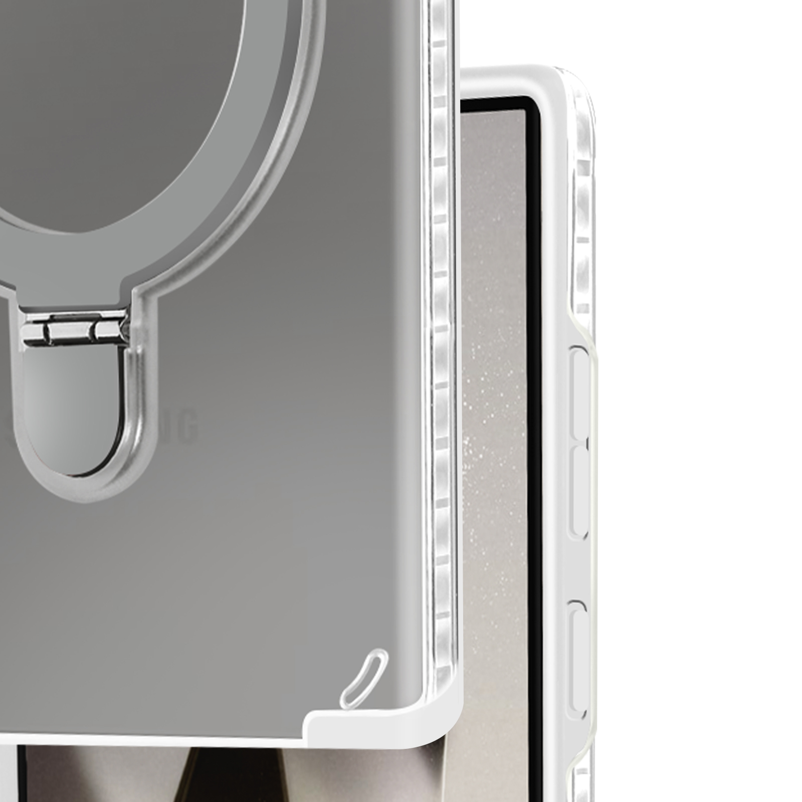 Transparente Handyhülle mit Ringhalter und Telefon.