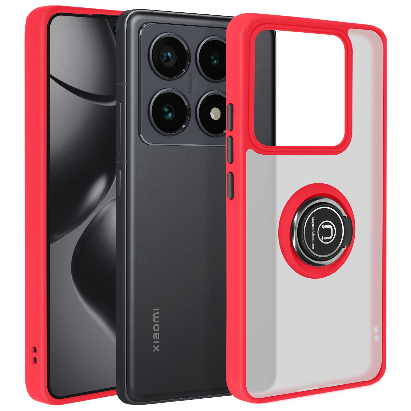 Custodia rossa con anello e telefono.