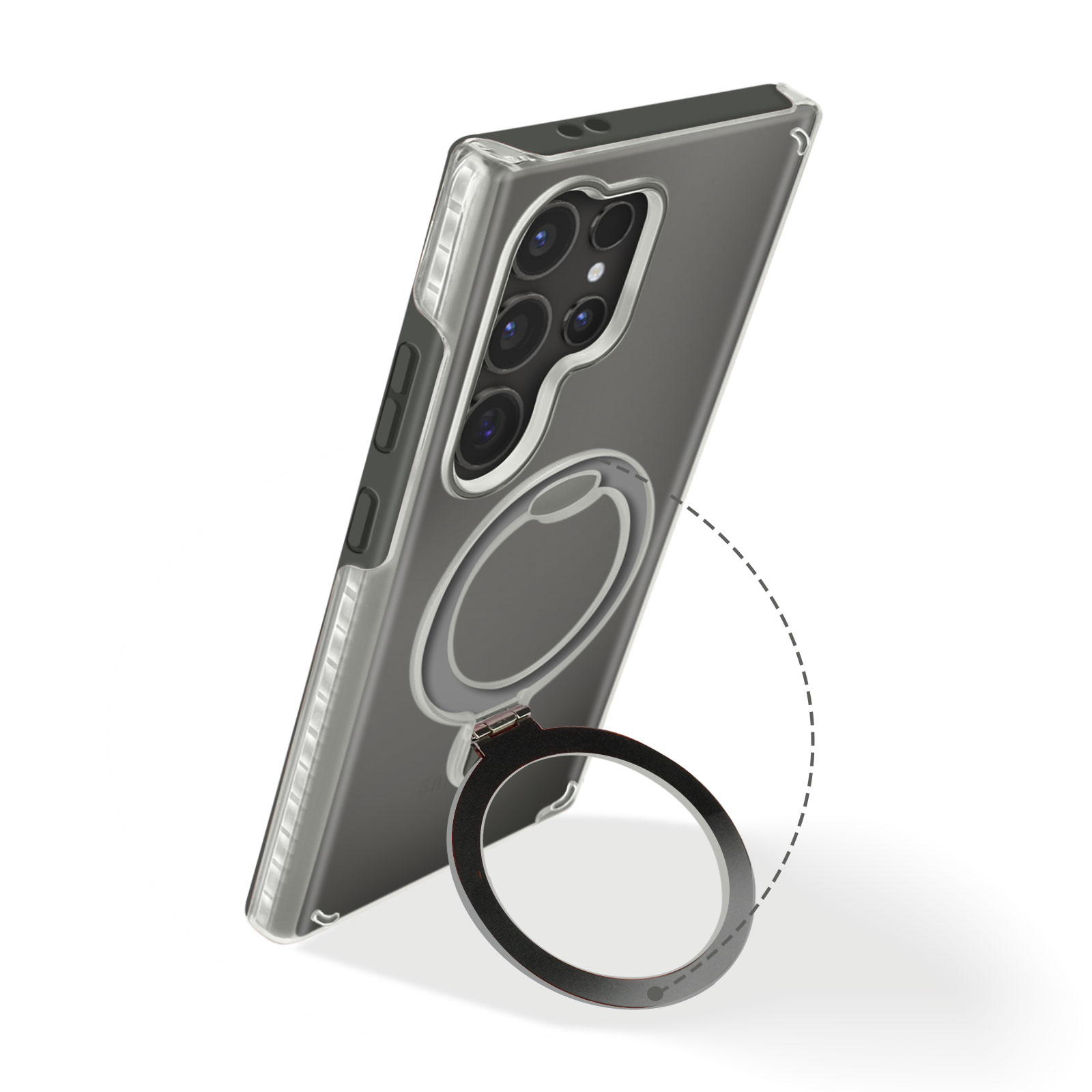 Una custodia per telefono con anello in metallo è in piedi. È trasparente con bordo scuro e sfondo bianco.