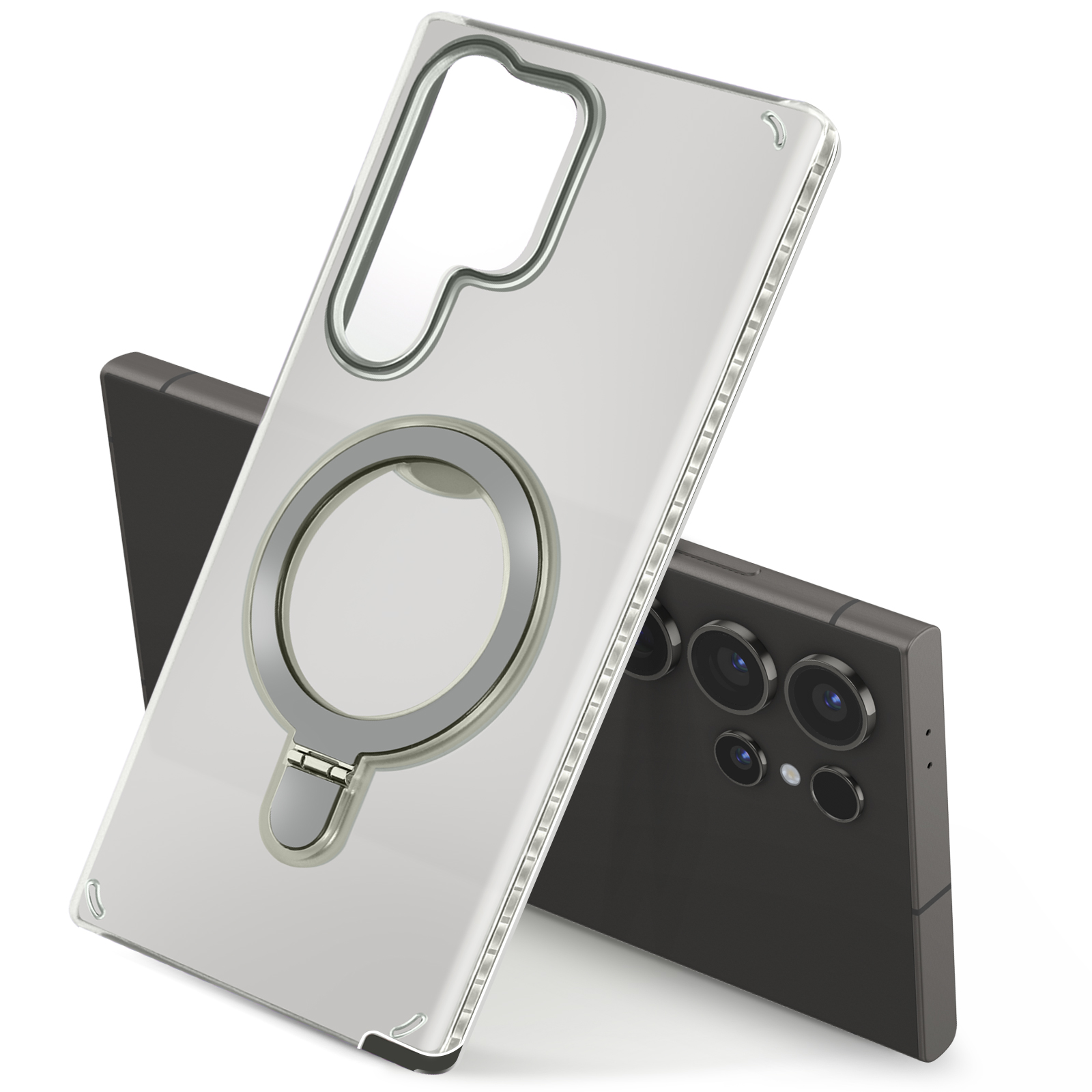 Custodia trasparente con anello e due telefoni.