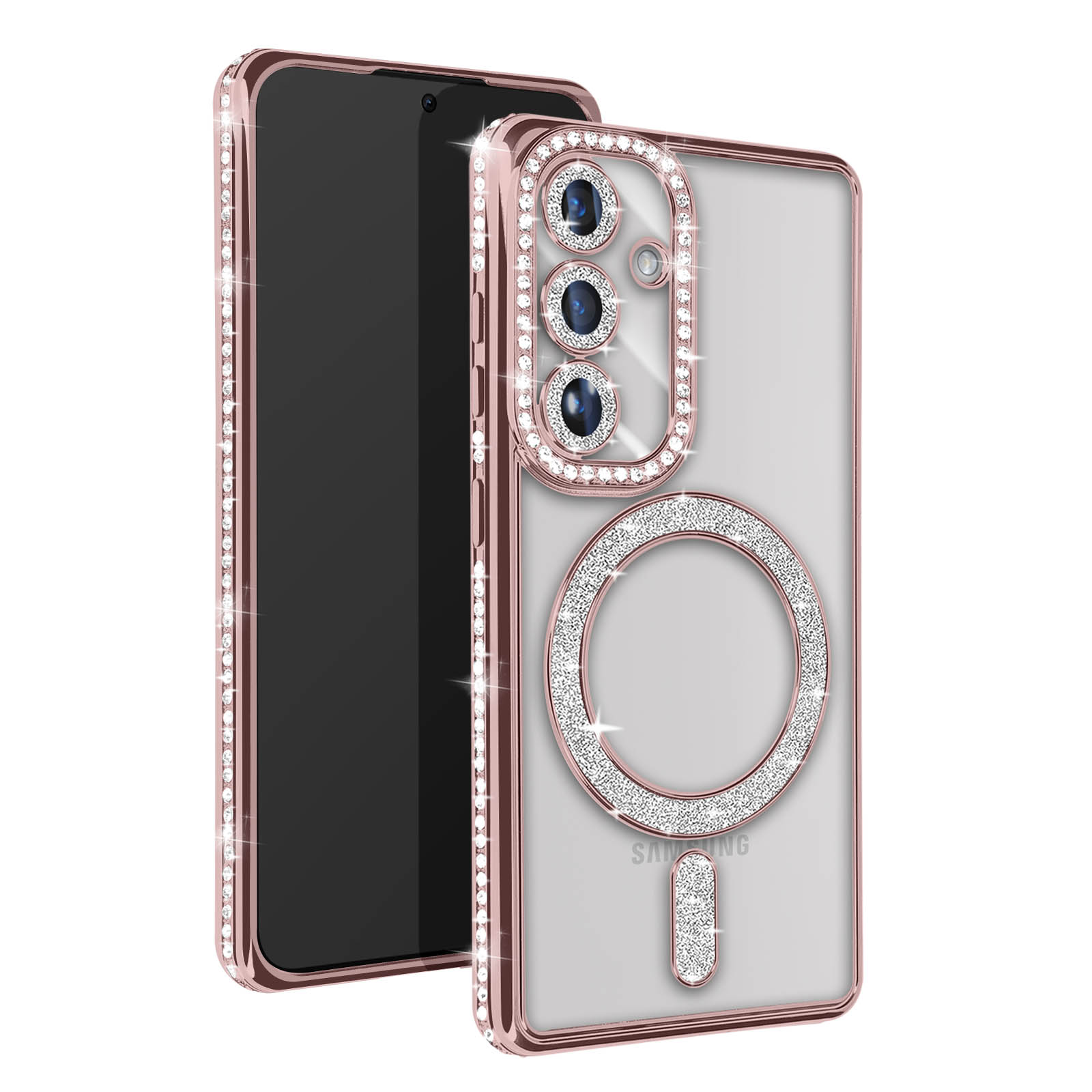 Una custodia per telefono oro rosa con strass. È trasparente. Un telefono è all'interno.