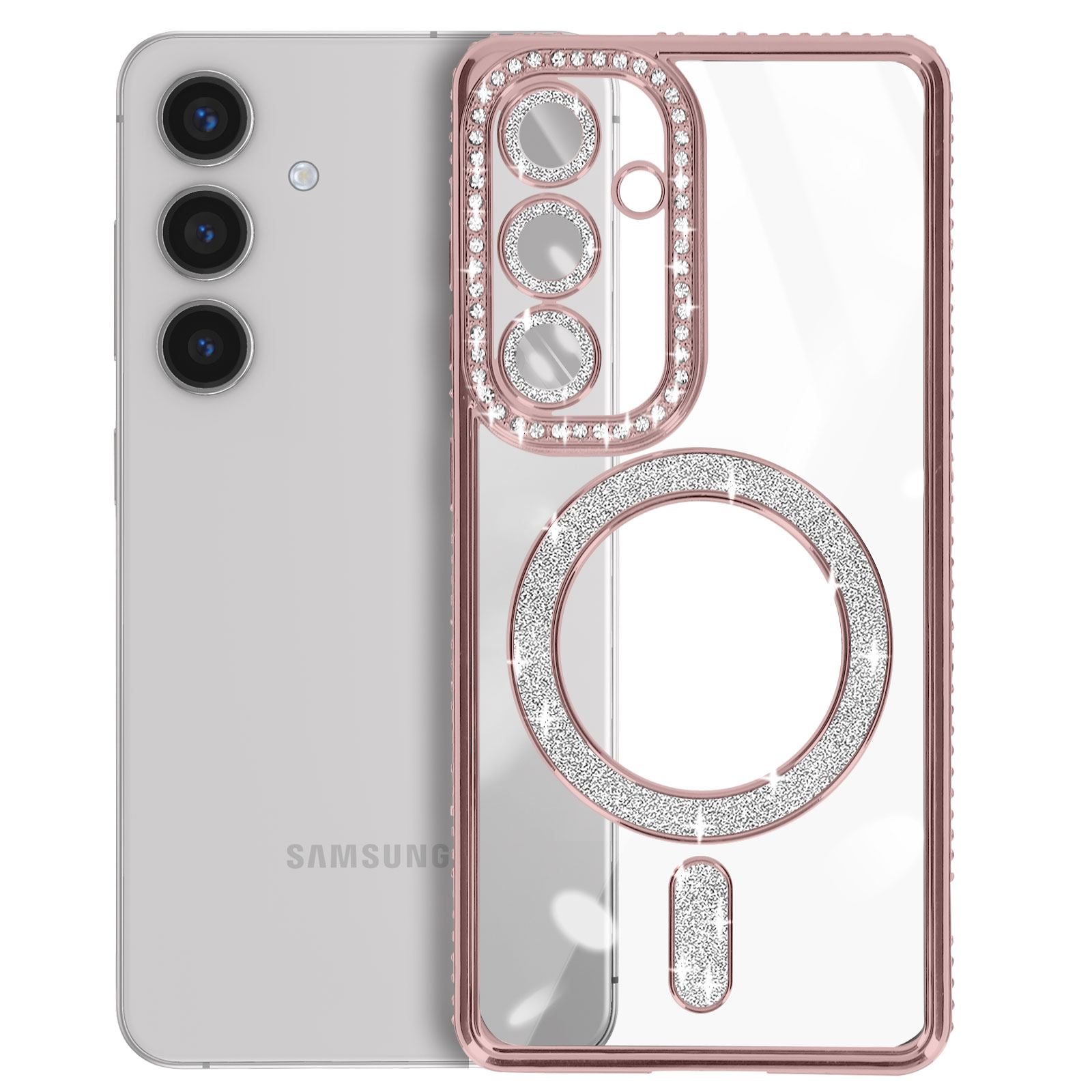 Una custodia per telefono con strass attorno agli obiettivi della fotocamera e un anello. È oro rosa e trasparente.