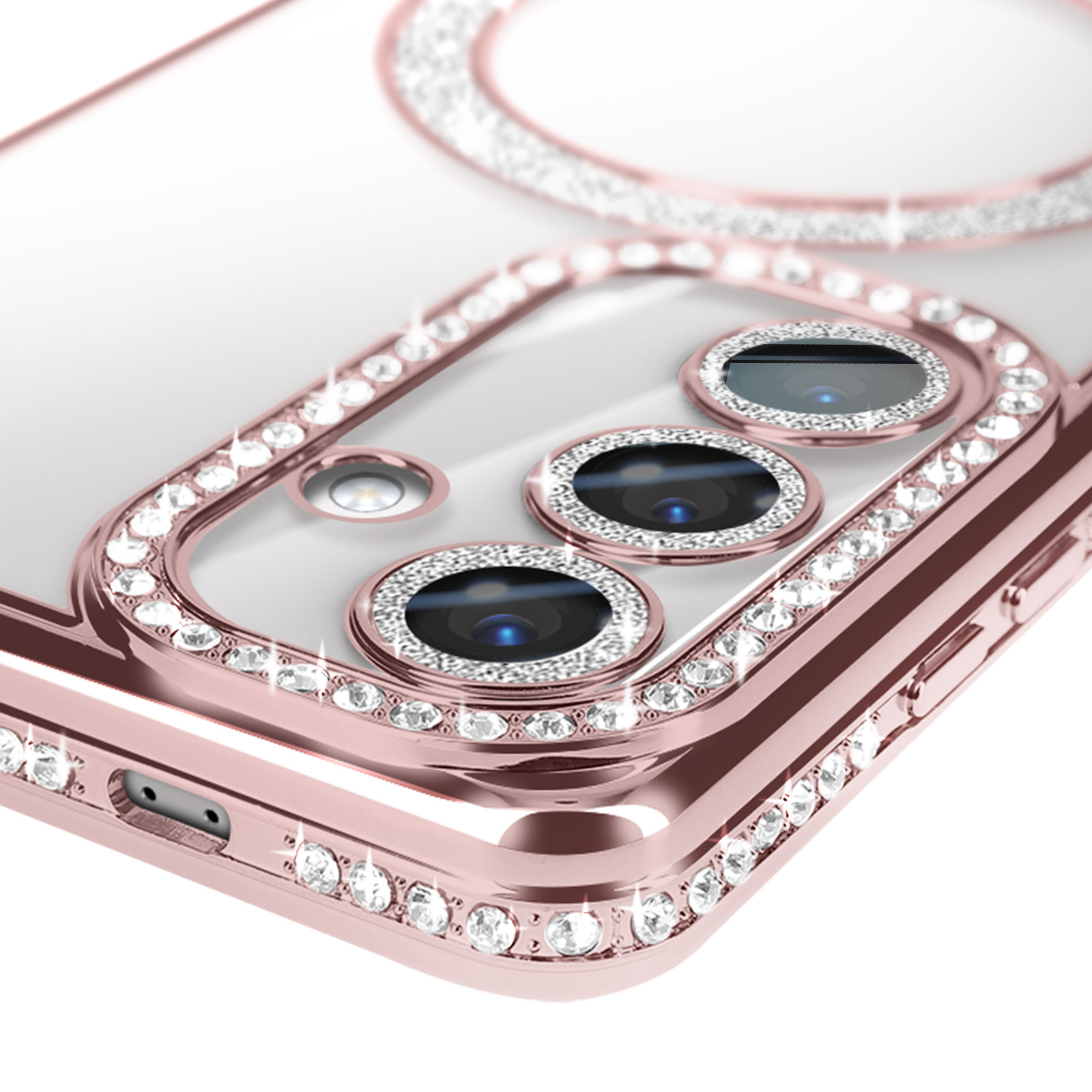 Una custodia per telefono oro rosa con strass attorno alla fotocamera e all'anello. La custodia è trasparente.