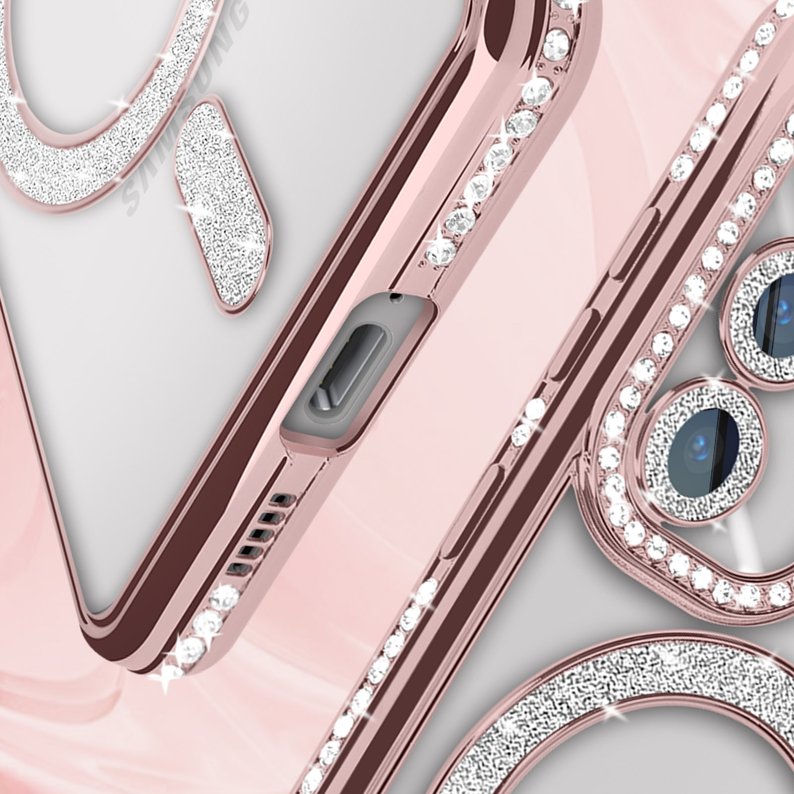 Custodia per telefono oro rosa con accenti di strass trasparenti sui bordi e nell'area della fotocamera.