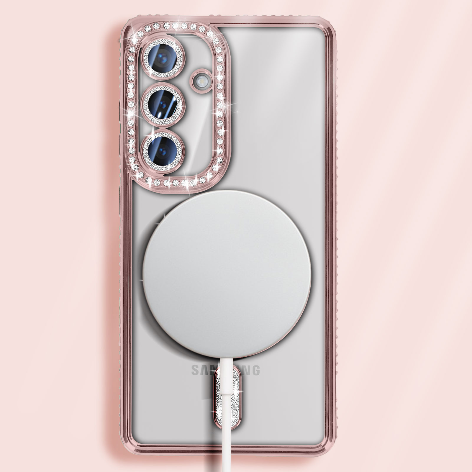 Custodia per telefono oro rosa con retro trasparente e cerchio bianco sul retro. Strass intorno alla fotocamera.