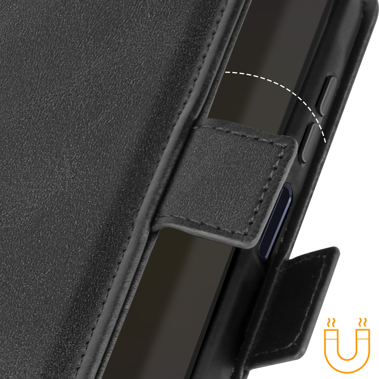 Schwarze Leder-Handyhülle mit Magnetverschluss. Telefon teilweise sichtbar. Magnetsymbol.