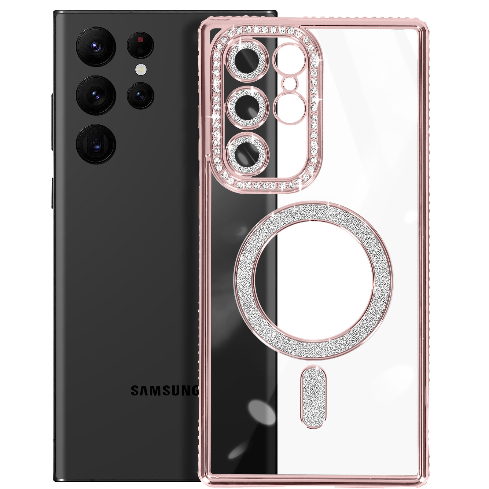 Schwarzes Telefon und transparente Handyhülle mit rosa Kanten und Strasssteinen.