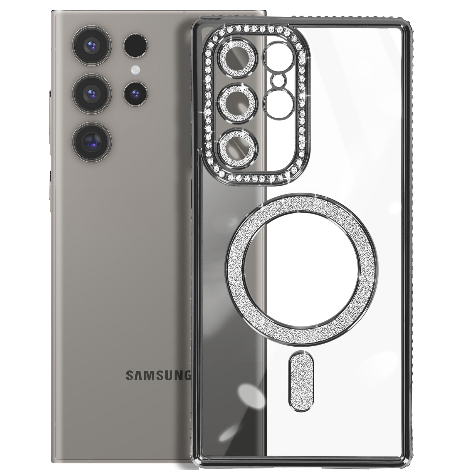 Telefono argentato e custodia trasparente con strass attorno alle lenti della fotocamera.