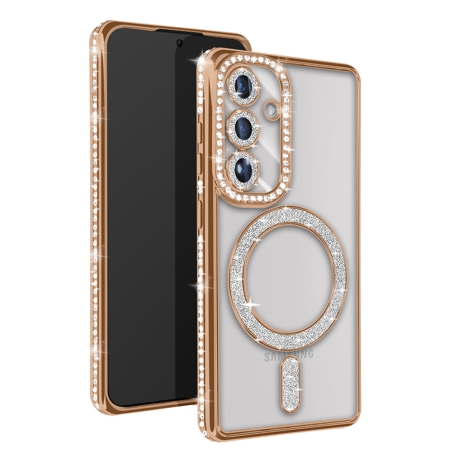 Telefono con custodia di diamanti oro rosa e schermo nero, inclinato di lato.